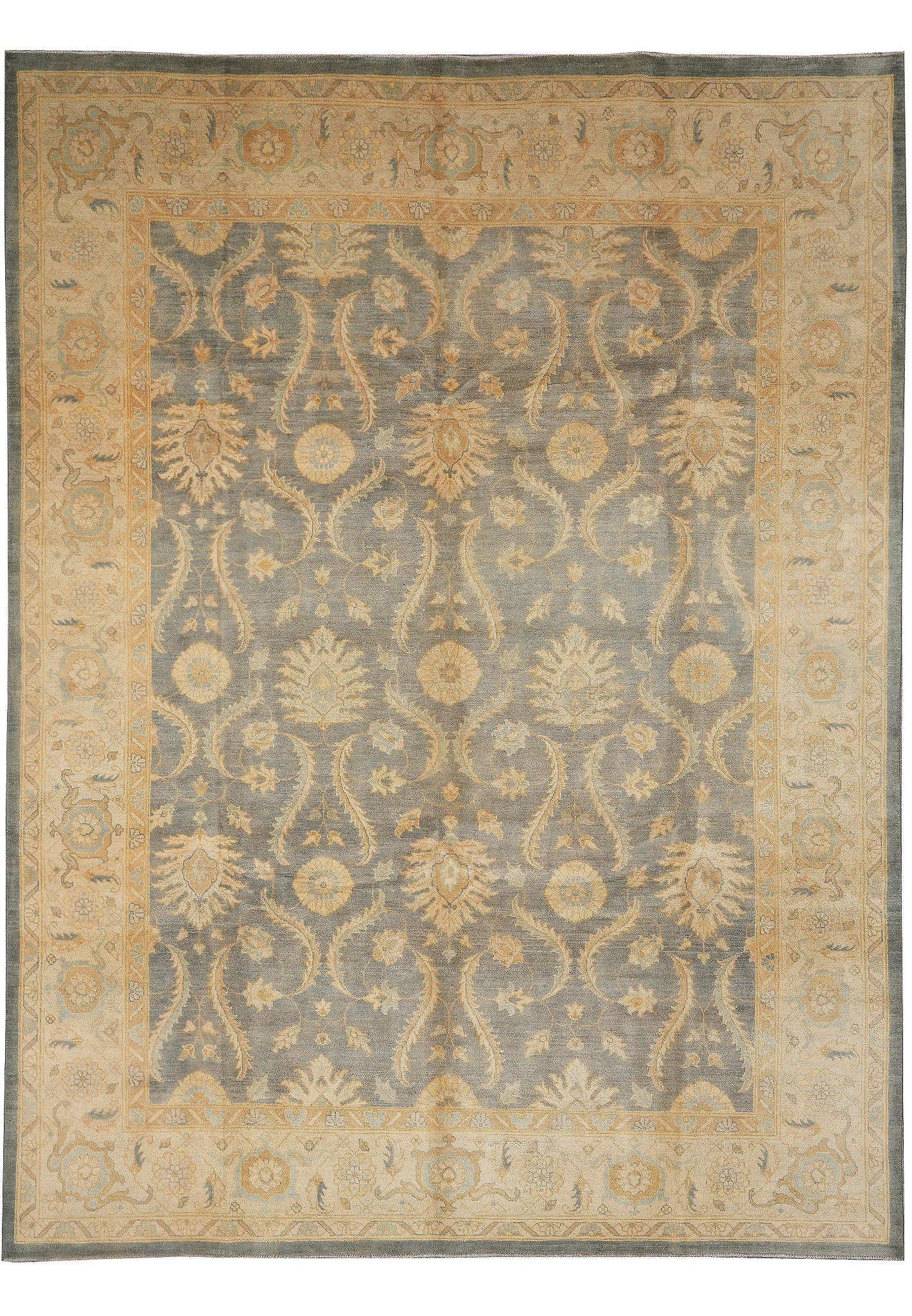 9 x 11.7 Hand-Knotted Chobi Peshawar Wool Rug Sage Green Zigler Pattern: 9 x 11.7 Hand-Knotted Chobi Peshawar Wool Rug Sage Green Zigler Pattern Free continental US Shipping This 9 x 11.7 foot Chobi Peshawar rug from Pakistan is hand-knotted by skilled artisans using natur