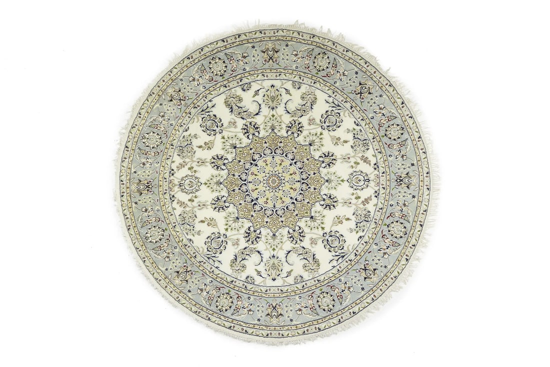 Handmade Classic Indo-Nain Floral Round Rug 6'1 Wool Silk Elegant Decor: Handmade Classic Indo-Nain Floral Round Rug 6'1 Wool Silk Elegant Decor Elevate your space with this exquisite Handmade Classic Indo-Nain Floral Round Rug. Measuring 6'1" in diameter, this area rug sh