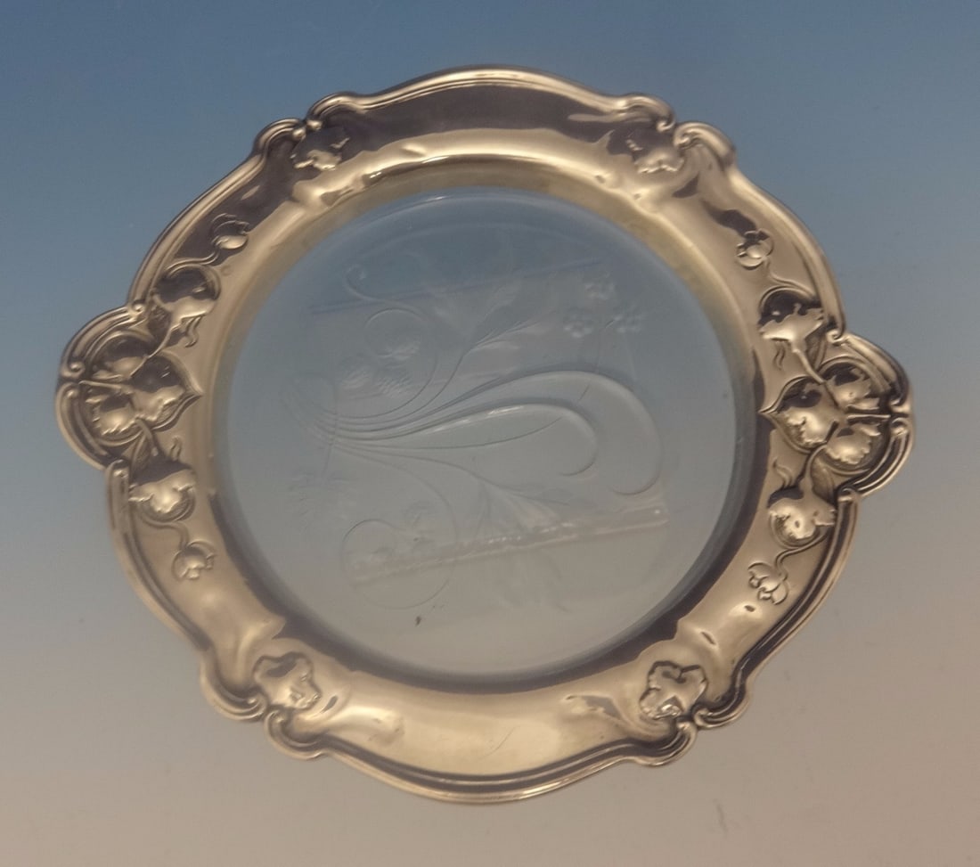Gorham Athenic Sterling Silver Wine Coaster Art Nouveau Etched Glass Center: Gorham Athenic Sterling Silver Wine Coaster Art Nouveau Etched Glass Center Enhance your dining experience with this elegant Athenic by Gorham Sterling Silver Wine Coaster. Crafted in the Art Nouveau 