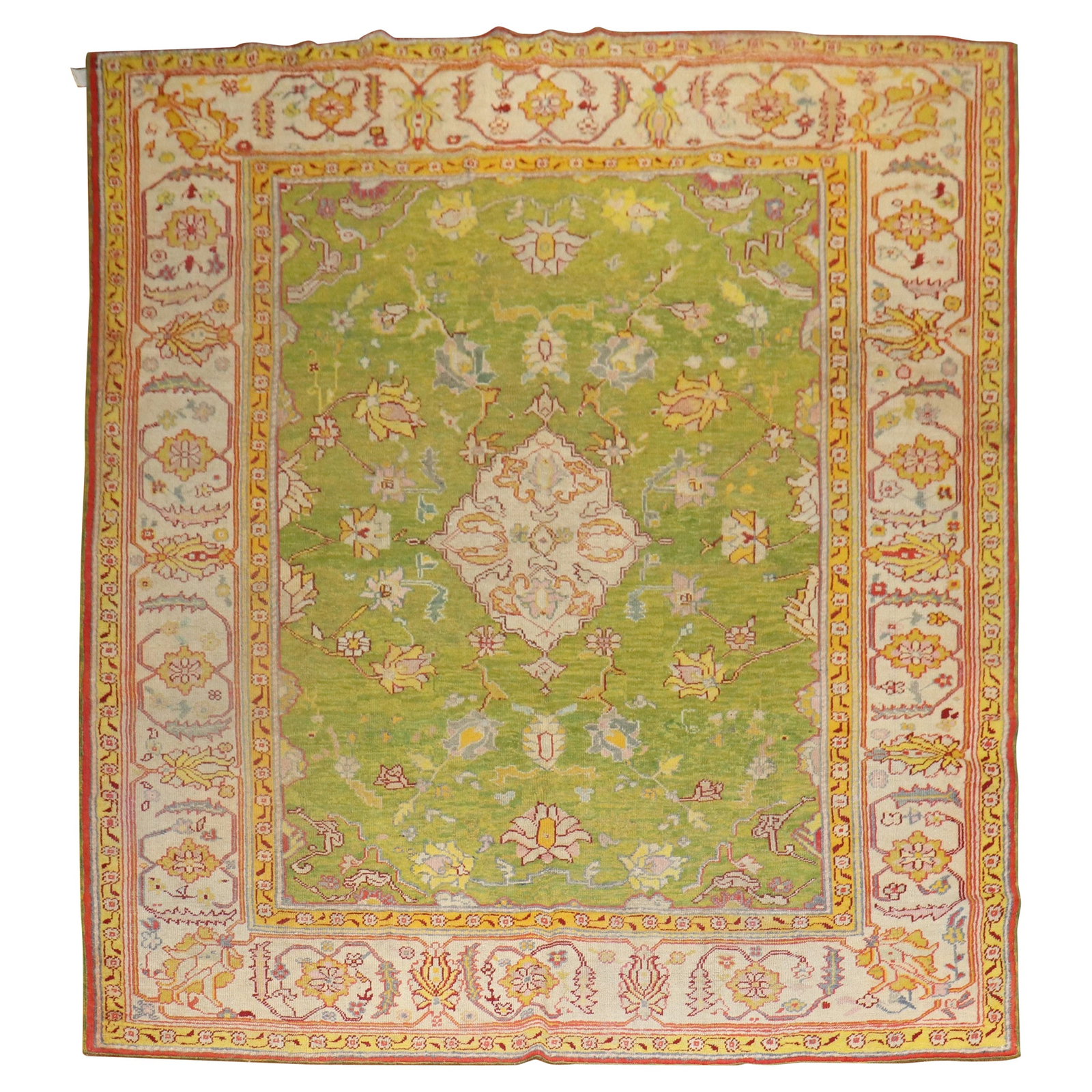 Apple Green Antique Turkish Oushak Rug 8'8'' x 10'7'' Hand-Knotted Wool: Apple Green Antique Turkish Oushak Rug 8'8'' x 10'7'' Hand-Knotted Wool Enhance your space with this exquisite early 20th century Antique Turkish Oushak rug, featuring a vibrant apple green color grou