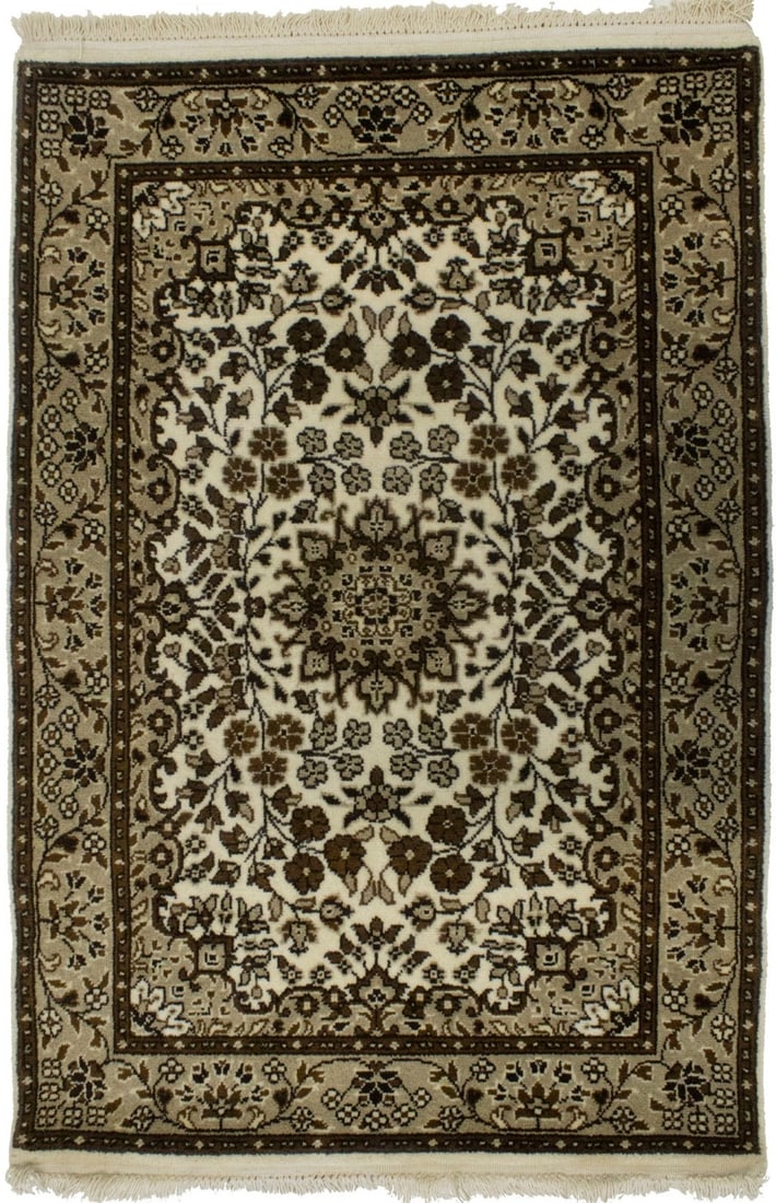 Wool Floral Kirman Rug Hand-Knotted Cream 2'8 x 3'11 Modern Area Carpet: Wool Floral Kirman Rug Hand-Knotted Cream 2'8 x 3'11 Modern Area Carpet This hand-knotted Kirman-style area rug features a plush high pile with a modern floral pattern in cream, brown, and khaki tones