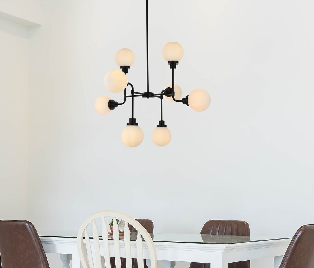 Hanson 8-Light Black Chandelier with Frosted Glass Shades: Hanson 8-Light Black Chandelier with Frosted Glass Shades Modern black chandelier with frosted glass shades, designed for indoor use in dining rooms, kitchens, living rooms, bedrooms, hallways, and si
