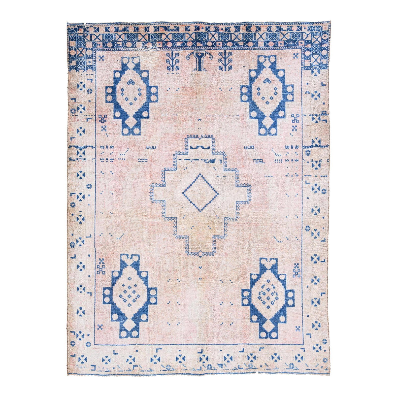 1960s Handmade Persian Medallion Wool Rug Pink 5'2 x 6'10: 1960s Handmade Persian Medallion Wool Rug Pink 5'2 x 6'10 This stunning vintage Persian rug features a distressed, hand-knotted wool construction with a captivating pink field. The design showcases a 