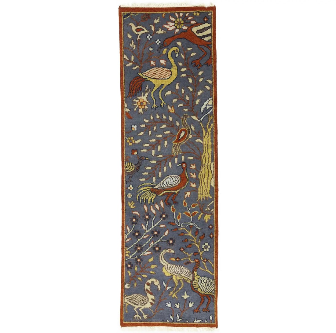 Hand Knotted Wool Bird Pictorial Runner Rug 2'5 x 7'11: Hand Knotted Wool Bird Pictorial Runner Rug 2'5 x 7'11 This hand-knotted wool runner rug features a pictorial bird design with gray, rusty red, cream, yellow, and dark brown tones. The medium pile rug
