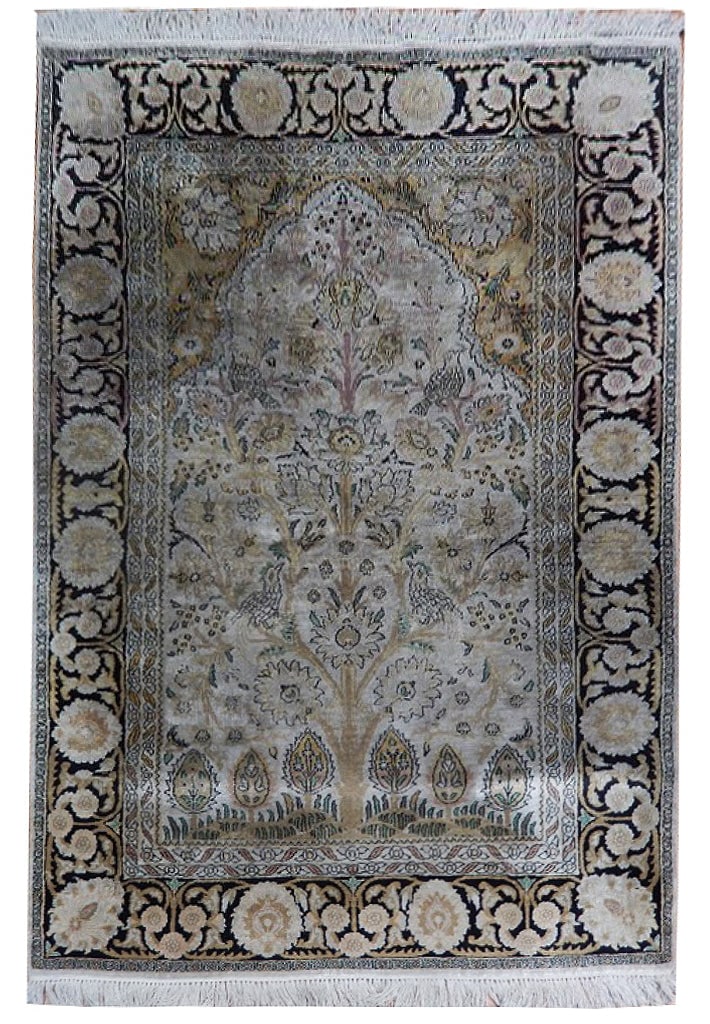 4.1 x 6.2 Handmade Kashmiri Silk Area Rug Tree of Life Design: 4.1 x 6.2 Handmade Kashmiri Silk Area Rug Tree of Life Design Free continental US Shipping Experience the elegance of our 4' x 6' Kashmir Silk Estate Handmade Rug, meticulously crafted in the renowned