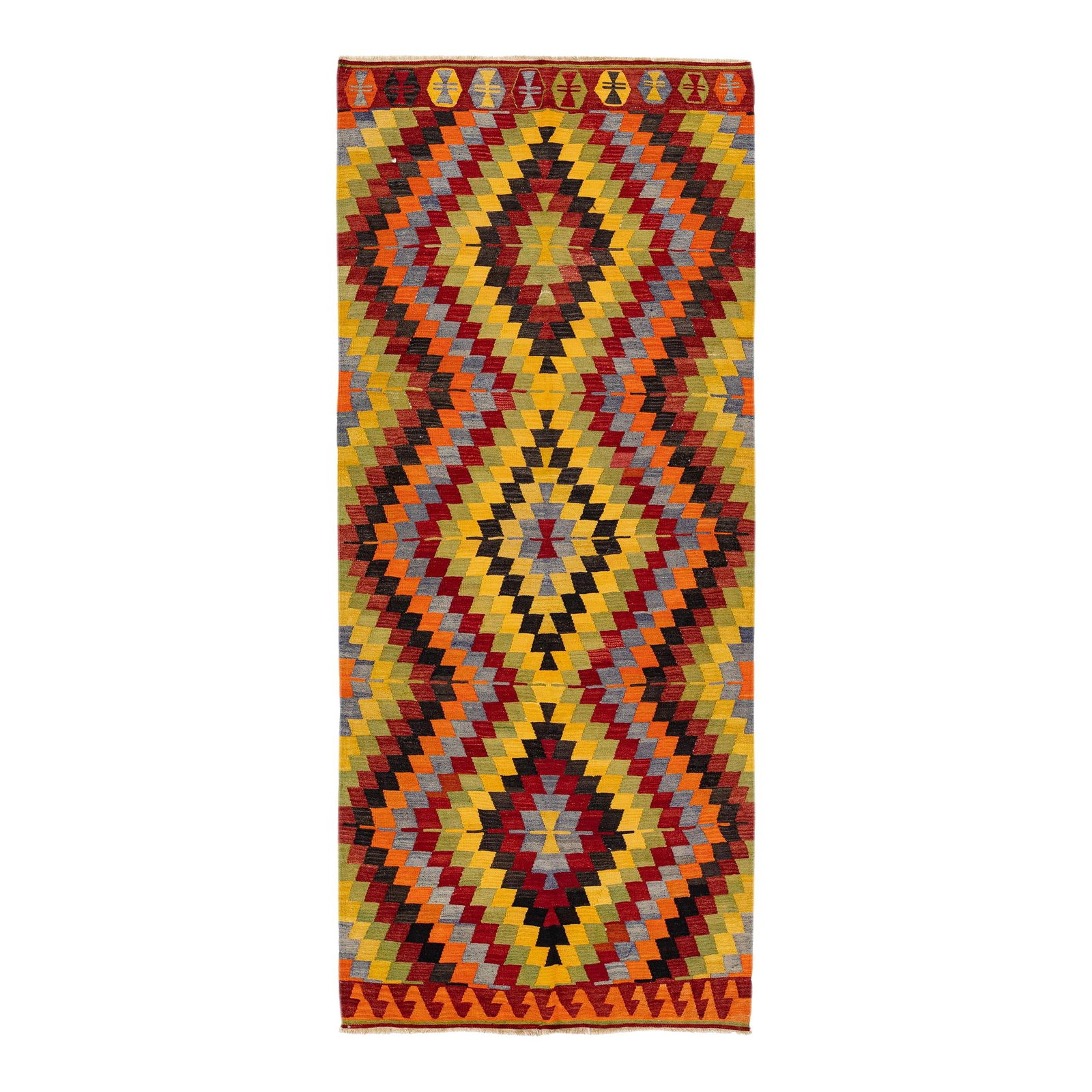 Vintage Sumakh Handmade Wool Rug 4'6 x 10'4 Multicolor Geometric Design: Vintage Sumakh Handmade Wool Rug 4'6 x 10'4 Multicolor Geometric Design This stunning Vintage Sumakh rug showcases a hand-knotted wool construction with a vibrant multicolor field adorned by a strikin