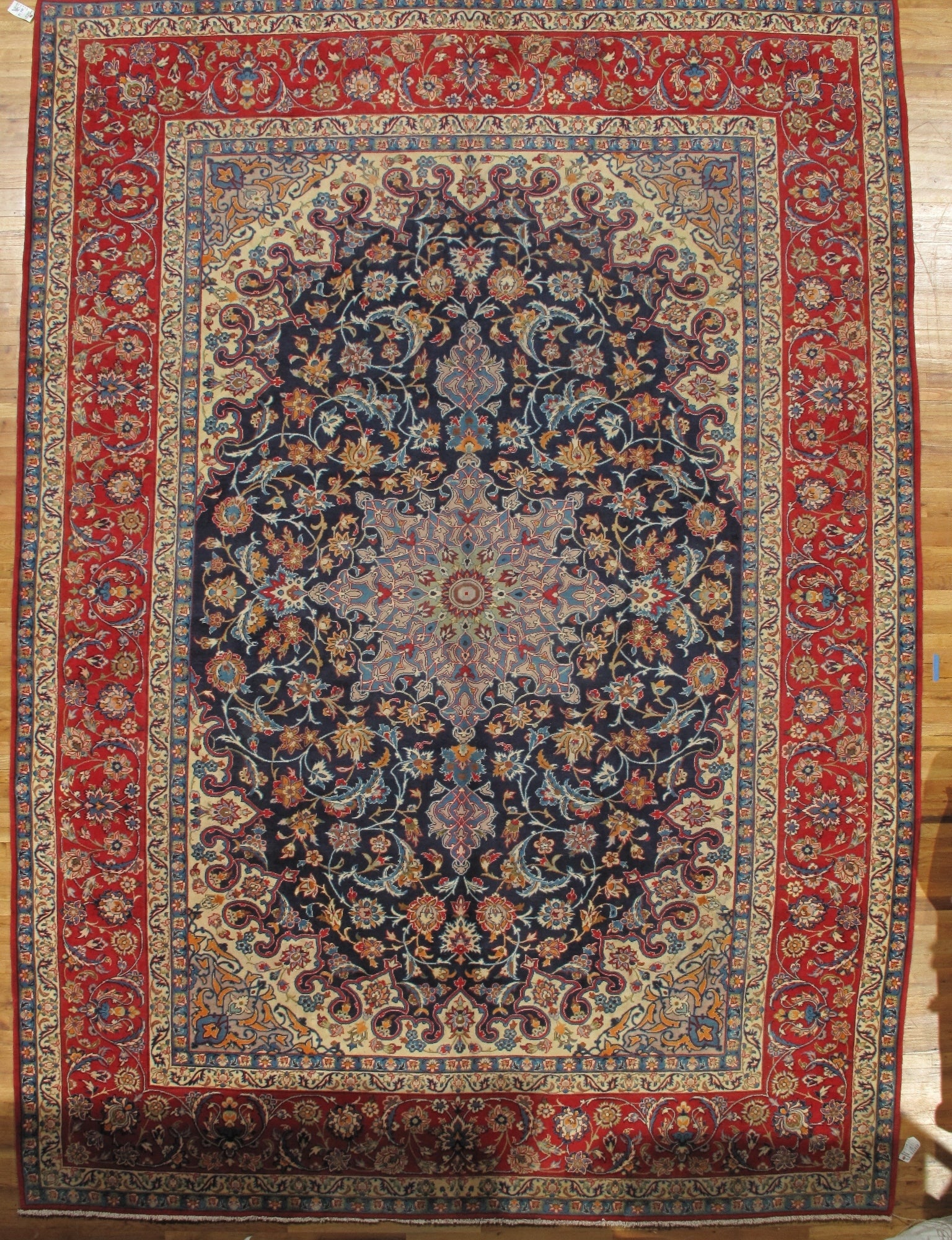 Handmade 10.6' x 16' Navy Blue Persian Isfahan Rug: Handmade 10.6' x 16' Navy Blue Persian Isfahan Rug Free continental US Shipping Discover the exquisite beauty of the Navy Blue Fine Quality Persian Isfahan Rug, a stunning handwoven piece from Isfahan