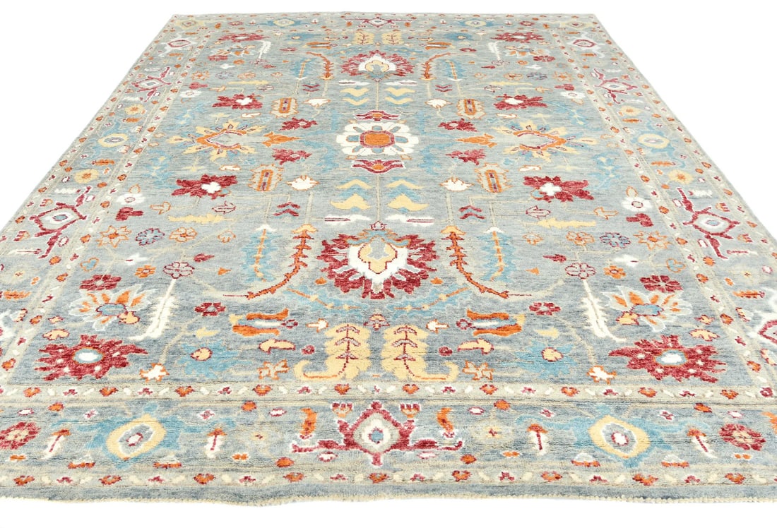 Hand-Knotted Floral Oushak 8'2 x 10'1 Wool Area Rug: Hand-Knotted Floral Oushak 8'2 x 10'1 Wool Area Rug Enhance your living space with this exquisite hand-knotted floral style Oushak area rug, measuring 8'2" x 10'1". Crafted in Western Asia, this stunn