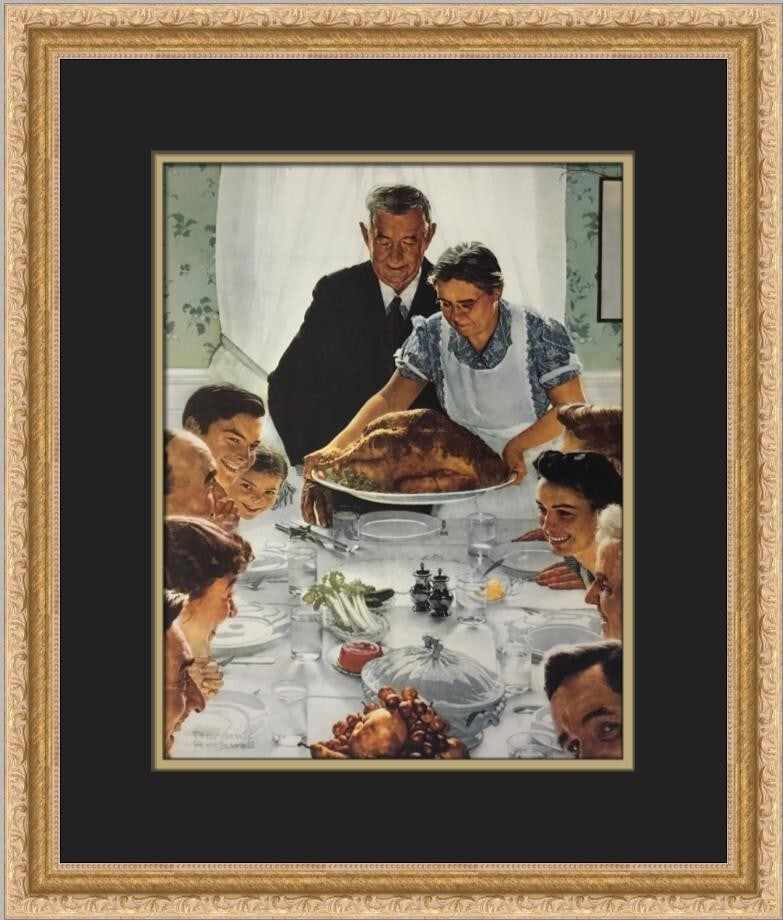 Custom Framed Norman Rockwell Freedom From Want Reproduction Print: Custom Framed Norman Rockwell Freedom From Want Reproduction Print Custom framed Norman Rockwell print titled Four Freedoms Freedom From Want. This reproduction is an offset lithograph on paper, produ