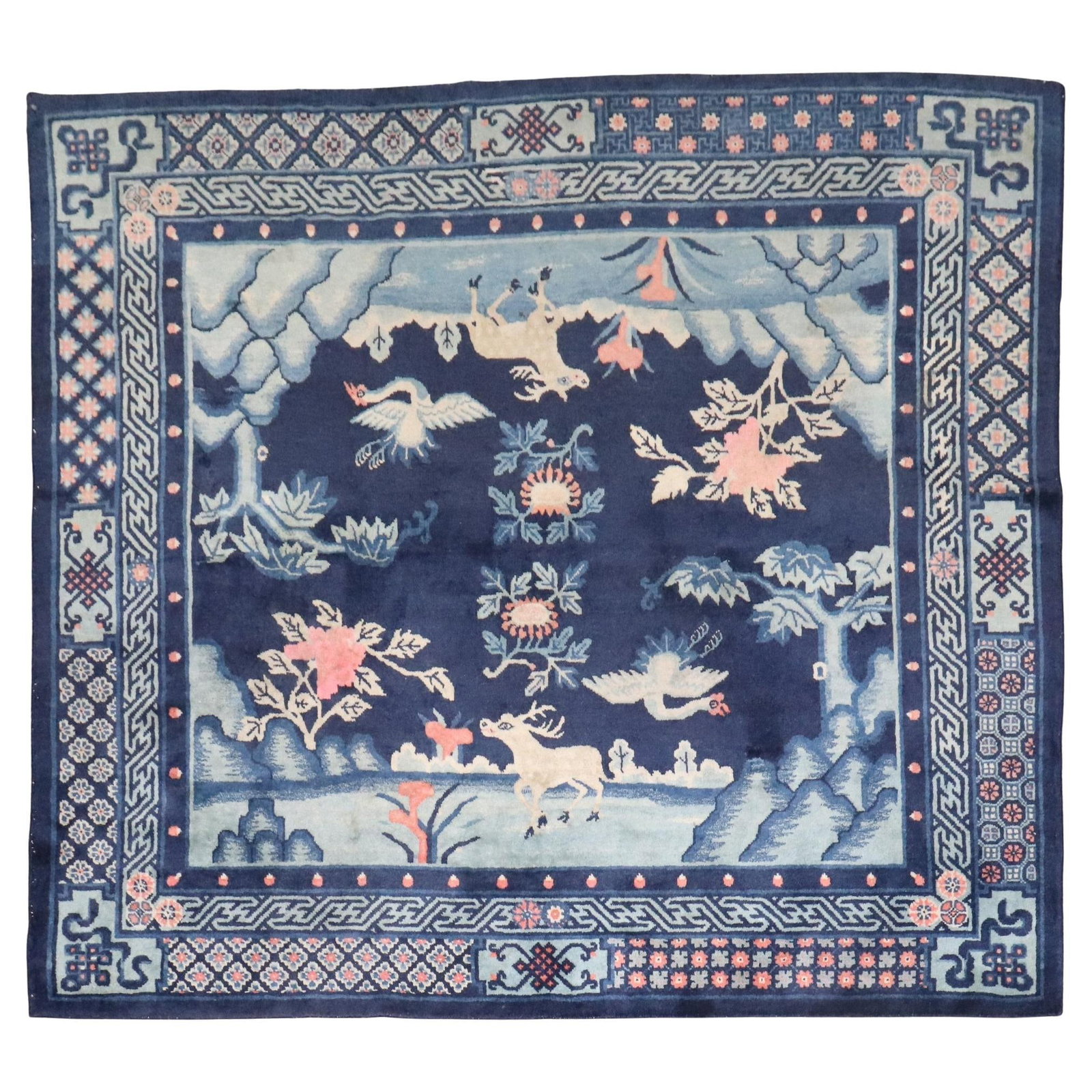 Early 20th Century Mongolian Pictorial Animal Rug 65 x 76 Wool Tang Style: Early 20th Century Mongolian Pictorial Animal Rug 65 x 76 Wool Tang Style This exquisite Mongolian Animal Square Rug from the Zabihi Collection showcases a captivating Tang style, featuring intricate 
