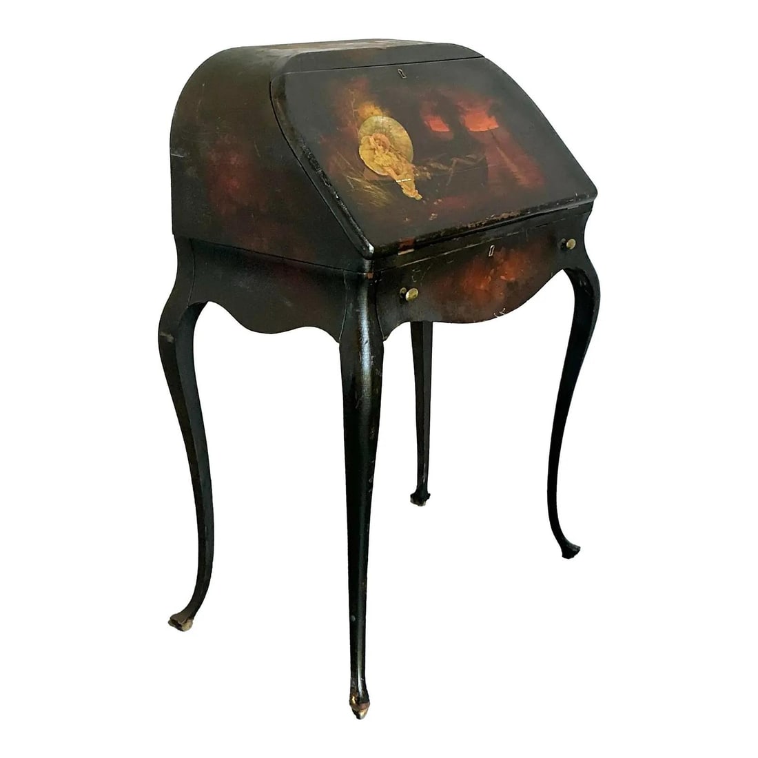 French Provincial Slant Front Secretary Desk with Hand Painted Scene (1 of 10)