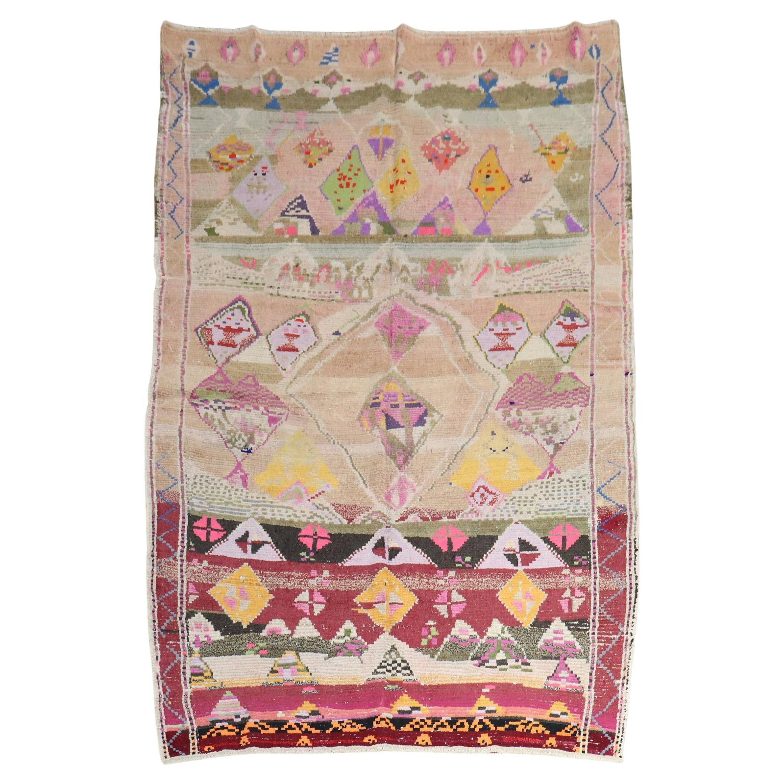 Mid-20th Century Funky Vintage Turkish Hand-Knotted Wool Rug 65x86: Mid-20th Century Funky Vintage Turkish Hand-Knotted Wool Rug 65x86 Enhance your space with this Funky Vintage Turkish Rug from the Zabihi Rug Collection. This mid-20th century piece features a strikin