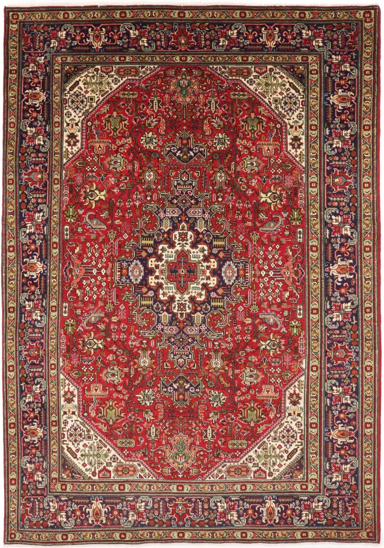 Vintage 6'8 x 9'8 Hand-Knotted Wool Oriental Rug with Floral Pattern: Vintage 6'8 x 9'8 Hand-Knotted Wool Oriental Rug with Floral Pattern This hand-knotted vintage Oriental rug features a classic floral pattern in shades of red, dark purple-navy, cream, orange, brown, 