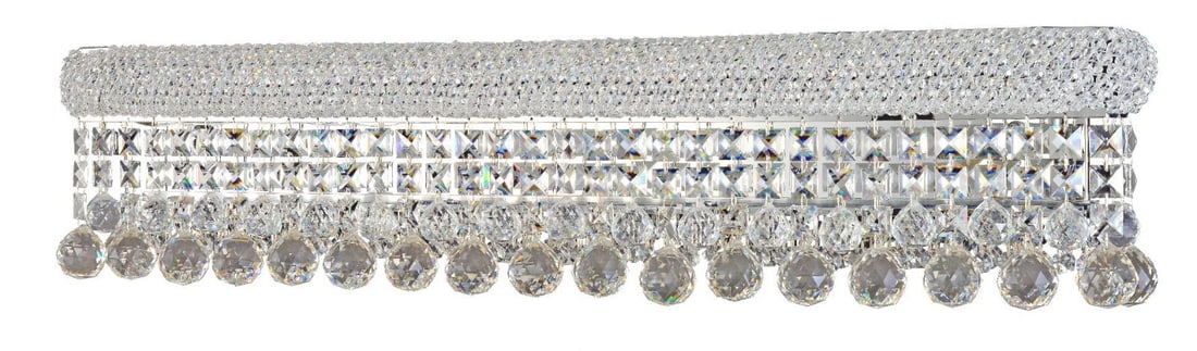 Artistry Primo Rectangular Chrome Crystal Vanity Wall Sconce 5 Light 36 inch: Artistry Primo Rectangular Chrome Crystal Vanity Wall Sconce 5 Light 36 inch This modern wall sconce features a polished chrome finish and five lights, designed with high-grade Grand King Cut K9 cryst