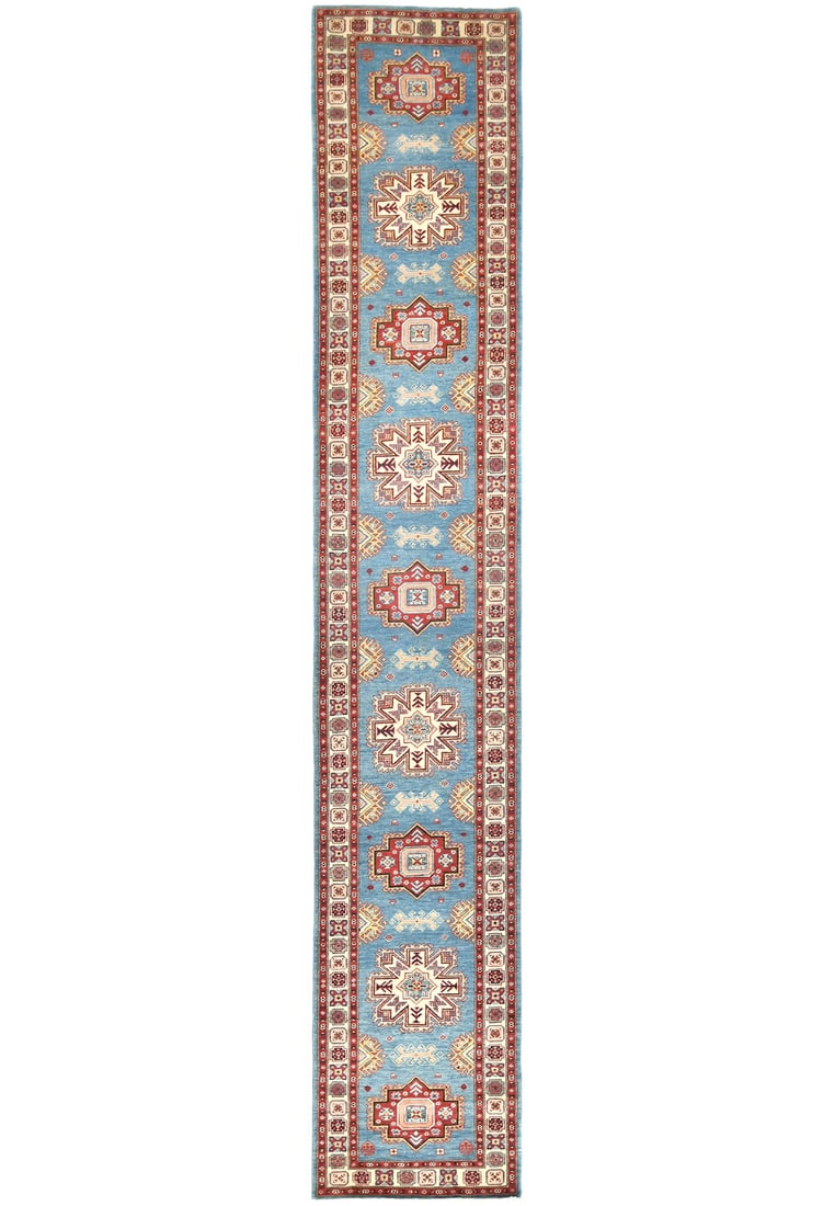 Hand Knotted Wool Kazak Runner 2'8 x 16'2 Tribal Geometric: Hand Knotted Wool Kazak Runner 2'8 x 16'2 Tribal Geometric Enhance your living space with this stunning Tribal Geometric Kazak Runner Rug, measuring 2'8" x 16'2". Hand-knotted from high-quality wool, 