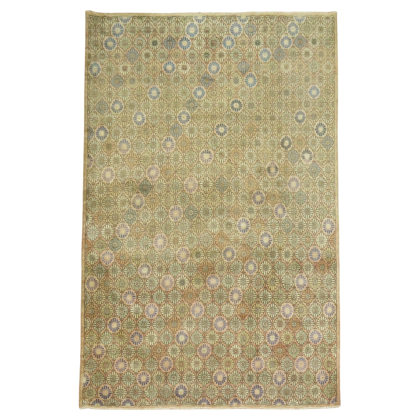 Vintage Turkish Deco Rug 7'2 x 10'5 Hand-Woven Wool: Vintage Turkish Deco Rug 7'2 x 10'5 Hand-Woven Wool Discover the elegance of this Vintage Turkish Deco Rug, attributed to renowned artist Zeki Muren. This stunning piece showcases a mid-century modern