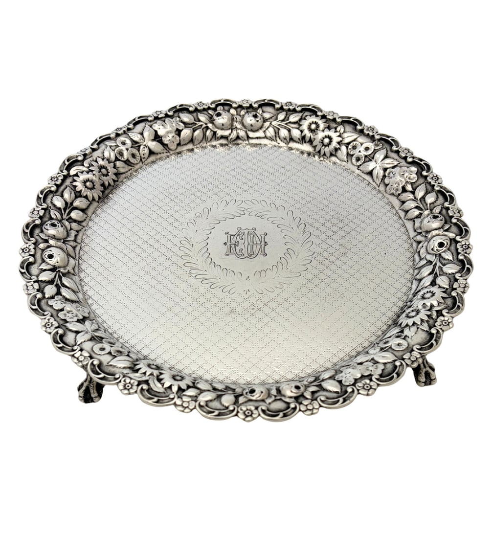 Hennegan Bates Co Sterling Silver Repousse Salver 3 Leg Monogram 10 Inch (1 of 4)