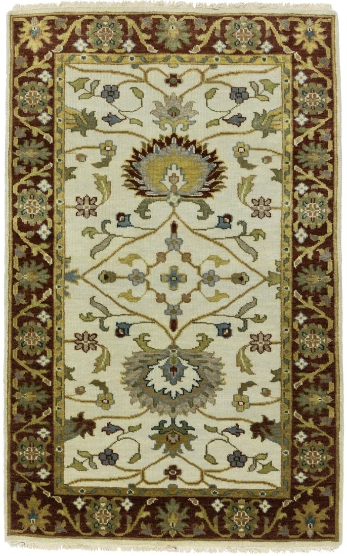 Osh Chobi Hand-Knotted Wool Rug Cream Floral Pattern 3'1 x 4'11: Osh Chobi Hand-Knotted Wool Rug Cream Floral Pattern 3'1 x 4'11 This hand-knotted Osh Chobi rug features a cream background with floral motifs in rust, tan, blue-gray, gold, and rusty red tones. Craft