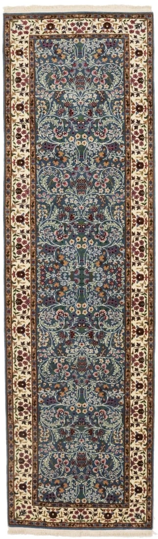Handmade Kirman Wool Floral Runner 2'9 x 9'9: Handmade Kirman Wool Floral Runner 2'9 x 9'9 This handmade Kirman floral runner rug features a plush, high pile and a vibrant mix of teal blue, cream, brown, pink, green, red, and khaki hues. Crafted 