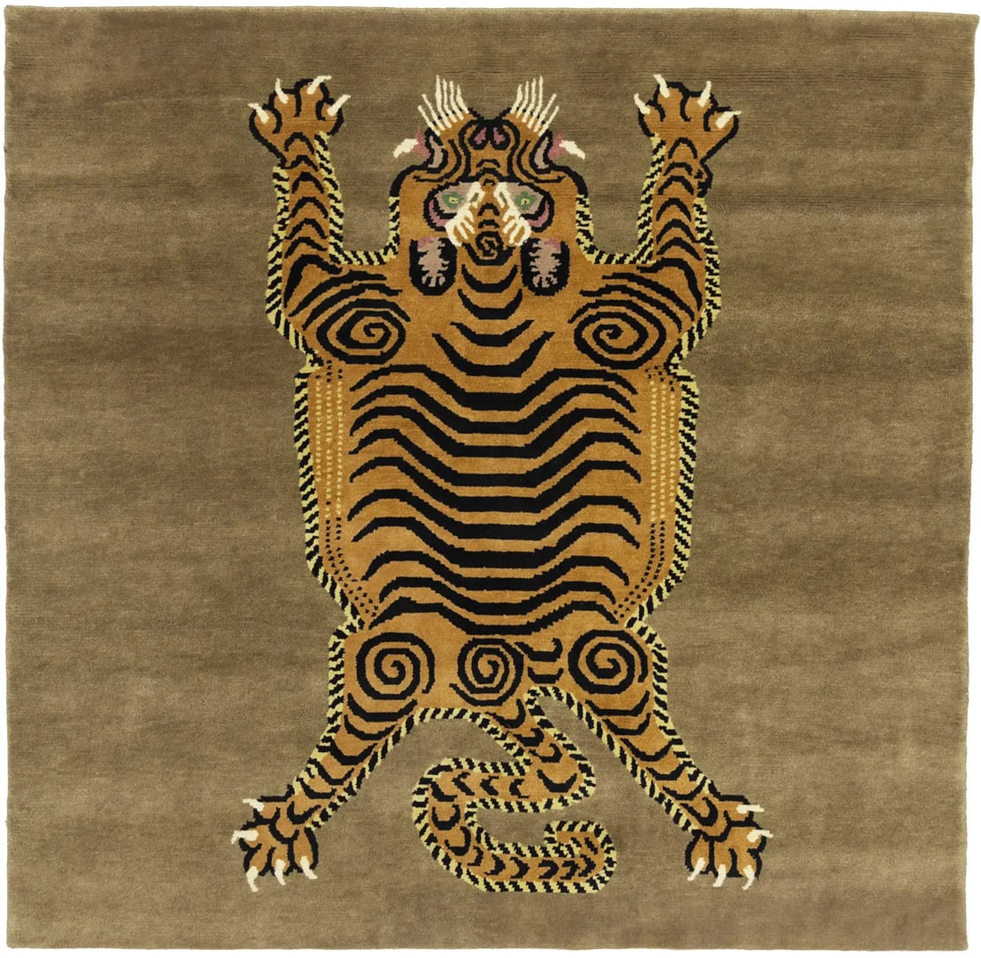 Hand-Knotted Square Wool Rug Modern Tribal Pictorial Pattern 8'1 x 8'1: Hand-Knotted Square Wool Rug Modern Tribal Pictorial Pattern 8'1 x 8'1 This Nepali Oriental square rug features a hand-knotted wool construction with a tribal pictorial design, blending modern and tra