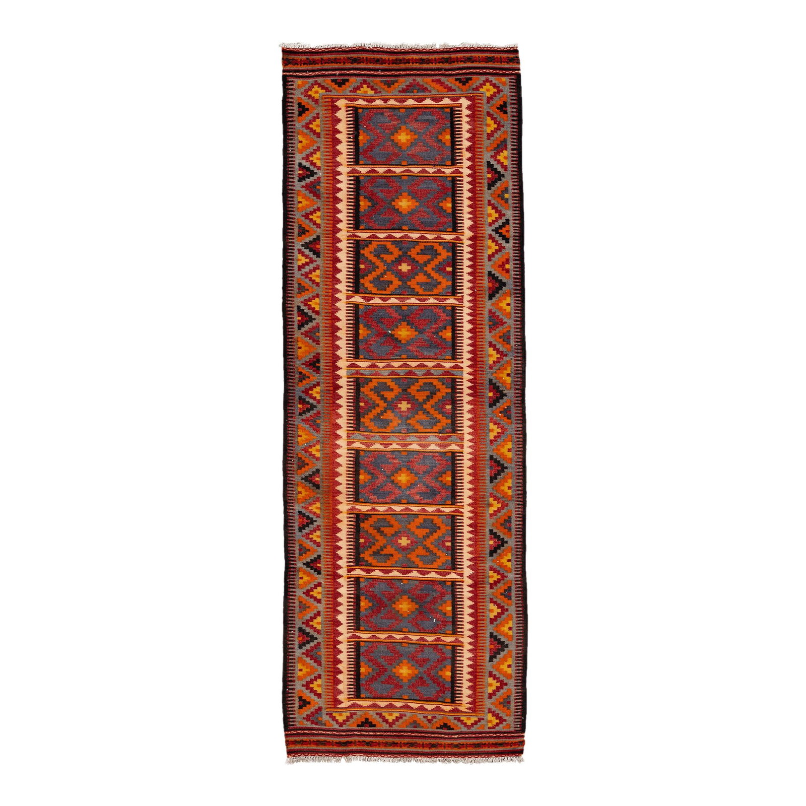 Vintage Handmade Kilim Wool Runner Orange Geometric 3'10 x 11'5: Vintage Handmade Kilim Wool Runner Orange Geometric 3'10 x 11'5 Enhance your space with this stunning vintage kilim handmade wool runner, showcasing a vibrant orange field adorned with a striking all-