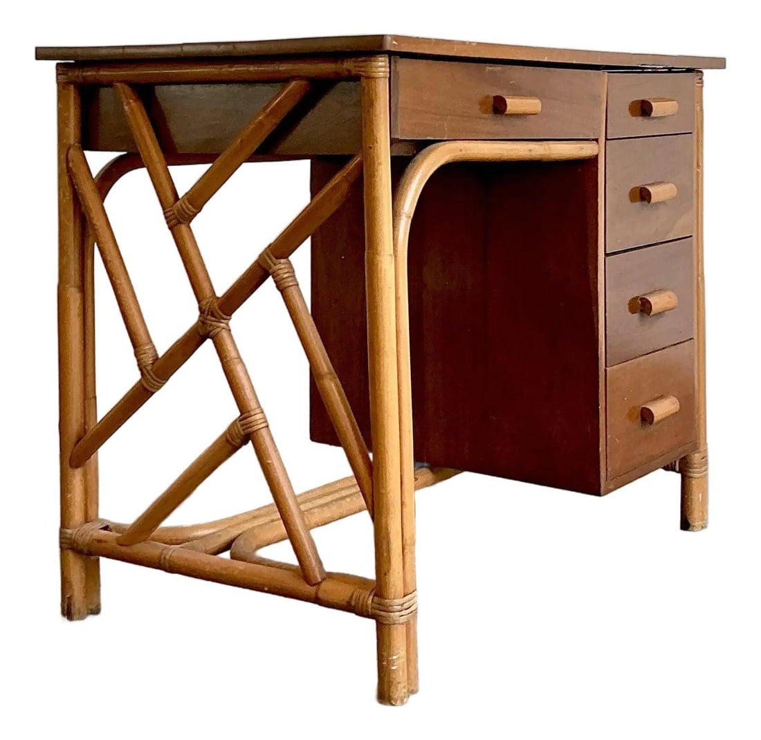 Bamboo Chippendale Style Writing Desk with Five Drawers (1 of 10)