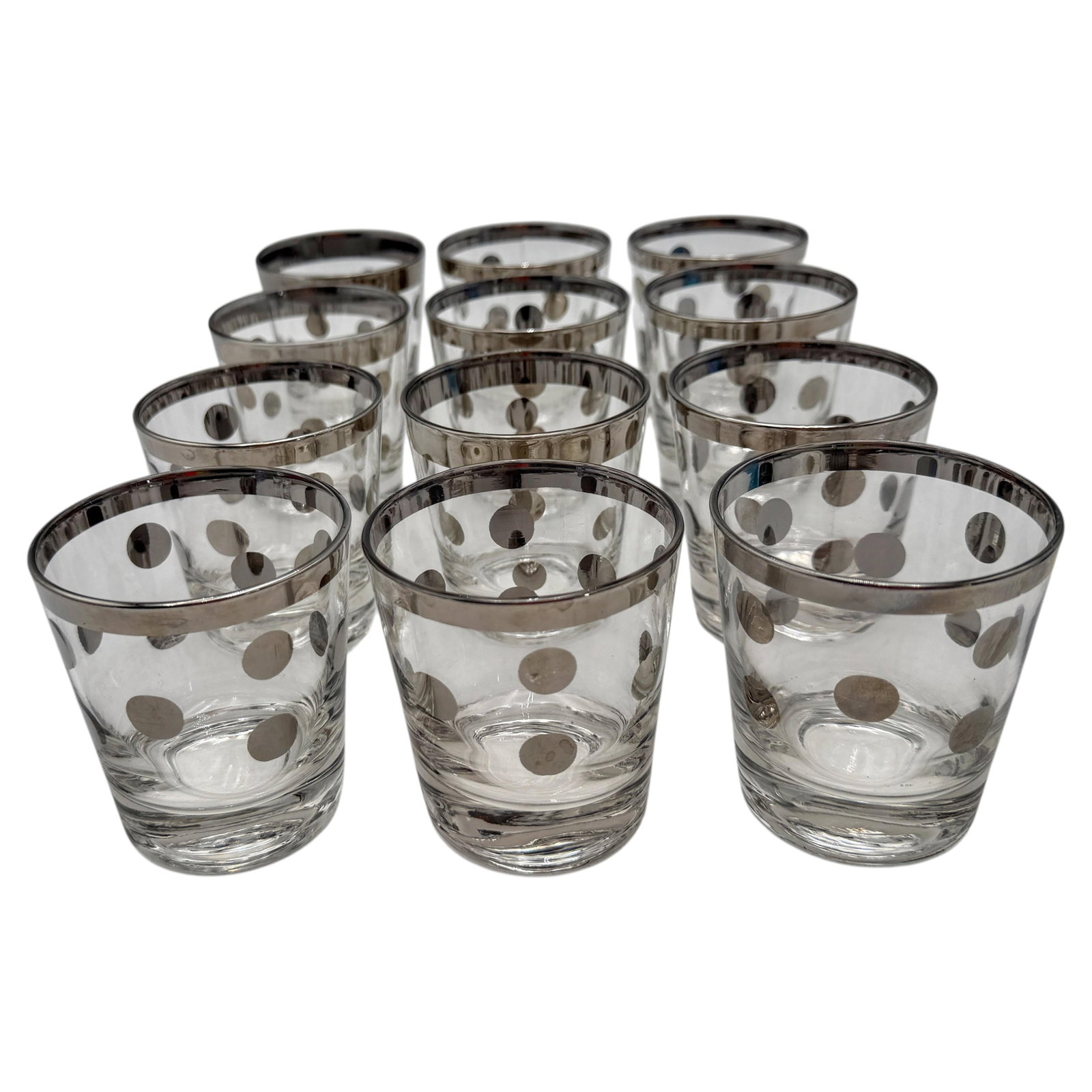 Set of 12 Silver Overlay Atomic Dot Old Fashioned Glasses Hollywood Regency 1950s (1 of 12)