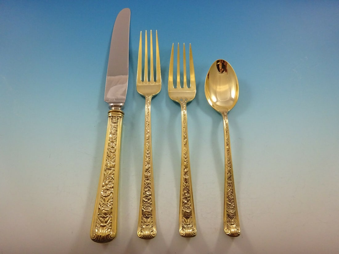 Watson Windsor Rose Vermeil Sterling Silver 4-Piece Place Setting: Watson Windsor Rose Vermeil Sterling Silver 4-Piece Place Setting Enhance your dining experience with this exquisite 4-piece place setting in the Windsor Rose pattern by Watson. Crafted from sterling 