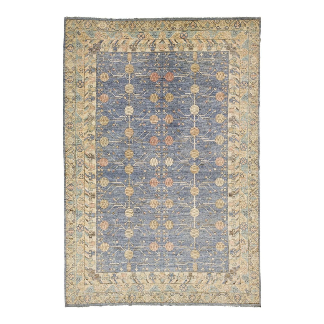 Oversized Blue Handmade Wool Khotan Style Rug 13' x 19': Oversized Blue Handmade Wool Khotan Style Rug 13' x 19' Enhance your living space with this oversized Khotan-style hand-knotted wool rug. Featuring a striking blue field adorned with brown and beige a