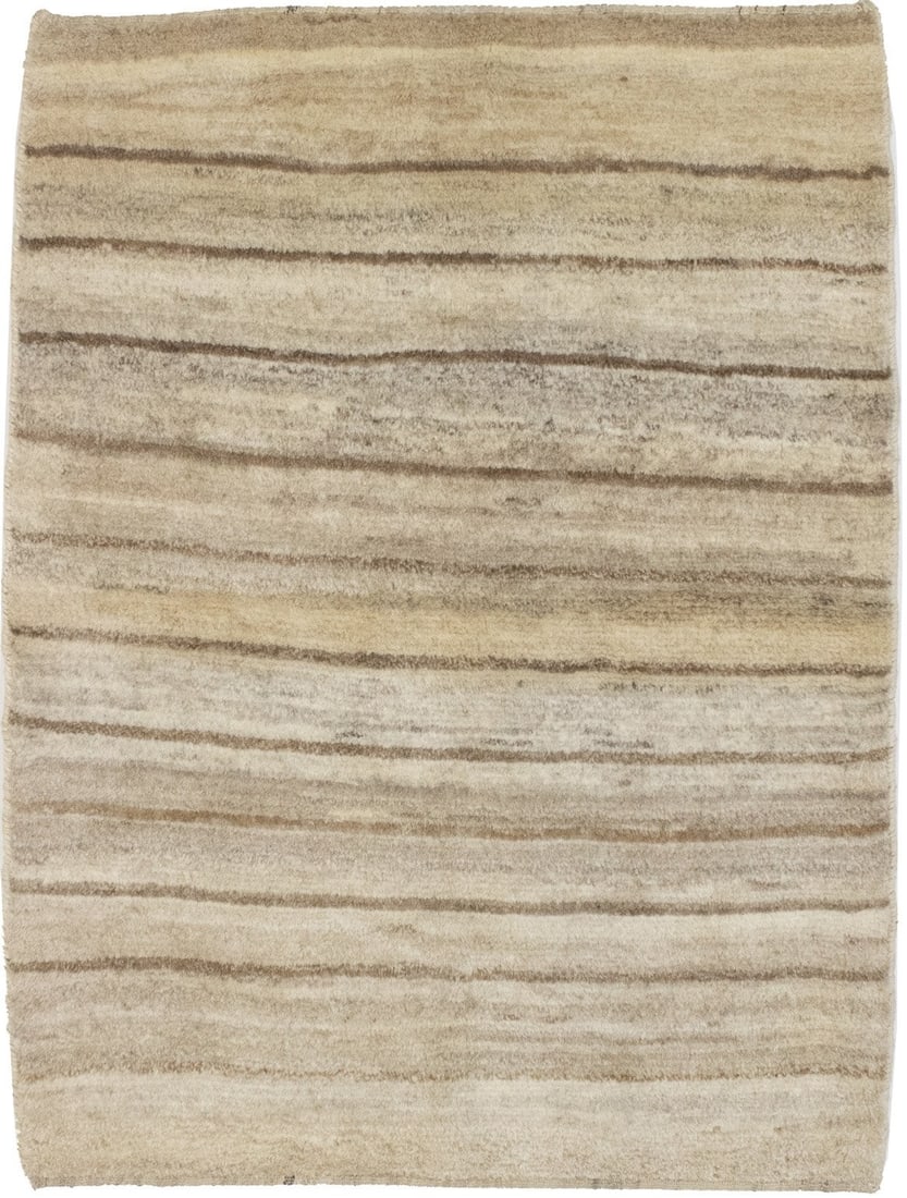 Tribal Hand-Knotted Wool Gabbeh Area Rug 3'11 x 5'2 Beige Brown: Tribal Hand-Knotted Wool Gabbeh Area Rug 3'11 x 5'2 Beige Brown This hand-knotted Gabbeh Oriental rug features a modern tribal striped pattern in beige, khaki, cream, and brown tones. Made from wool, 