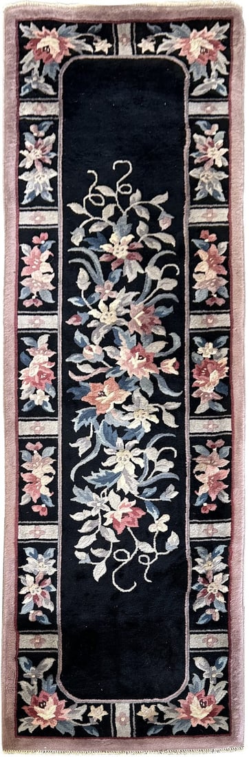 69cm x 249cm Chinese Art Deco wool runner rug floral black: 69cm x 249cm Chinese Art Deco wool runner rug floral black An original antique Chinese Art Deco runner rug with a floral vine pattern in a black colorway. It is hand knotted from wool with a cotton fo