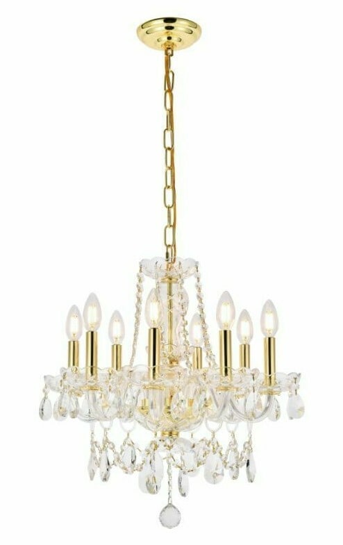 Princeton 8-Light Gold Crystal Hanging Chandelier 20 inch: Princeton 8-Light Gold Crystal Hanging Chandelier 20 inch This modern crystal chandelier features a striking teardrop design with clear and gold accents, ideal for adding elegance to foyers, bedrooms,