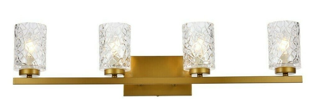 Cassie Modern 32 Inch Brass Wall Sconce With Cylindrical Glass Shades: Cassie Modern 32 Inch Brass Wall Sconce With Cylindrical Glass Shades This modern wall sconce features a 32-inch wide brass color frame with four cylindrical clear glass shades. Designed for indoor us