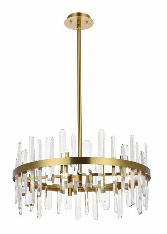 Serena 14-Light Satin Gold Crystal Chandelier 25 Inch: Serena 14-Light Satin Gold Crystal Chandelier 25 Inch This modern satin gold chandelier from the Serena Collection features 14 lights and is adorned with high-quality royal cut clear crystals. Designe