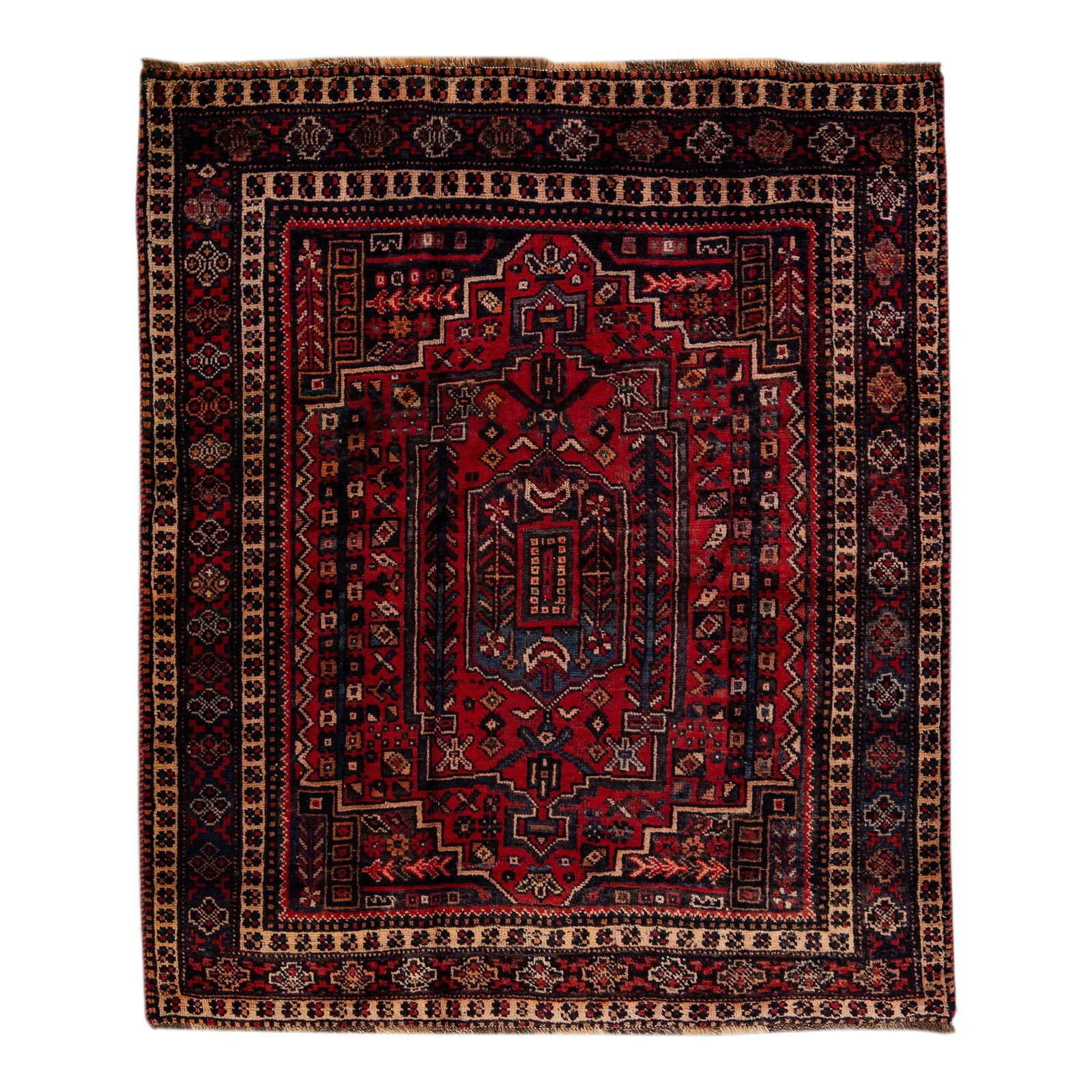 Vintage Handmade Persian Wool Rug Red Geometric Design 4'8" x 5'2": Vintage Handmade Persian Wool Rug Red Geometric Design 4'8" x 5'2" Enhance your space with this stunning Vintage Handmade Persian Rug, expertly crafted with a hand-knotted technique. Featuring a vibra