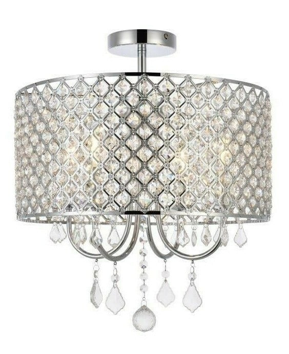 Living District Elise 4 Light Chrome Crystal Flush Mount 17 inch: Living District Elise 4 Light Chrome Crystal Flush Mount 17 inch This modern semi flush mount chandelier features a polished chrome and silver finish with royal cut clear crystals, creating a striking