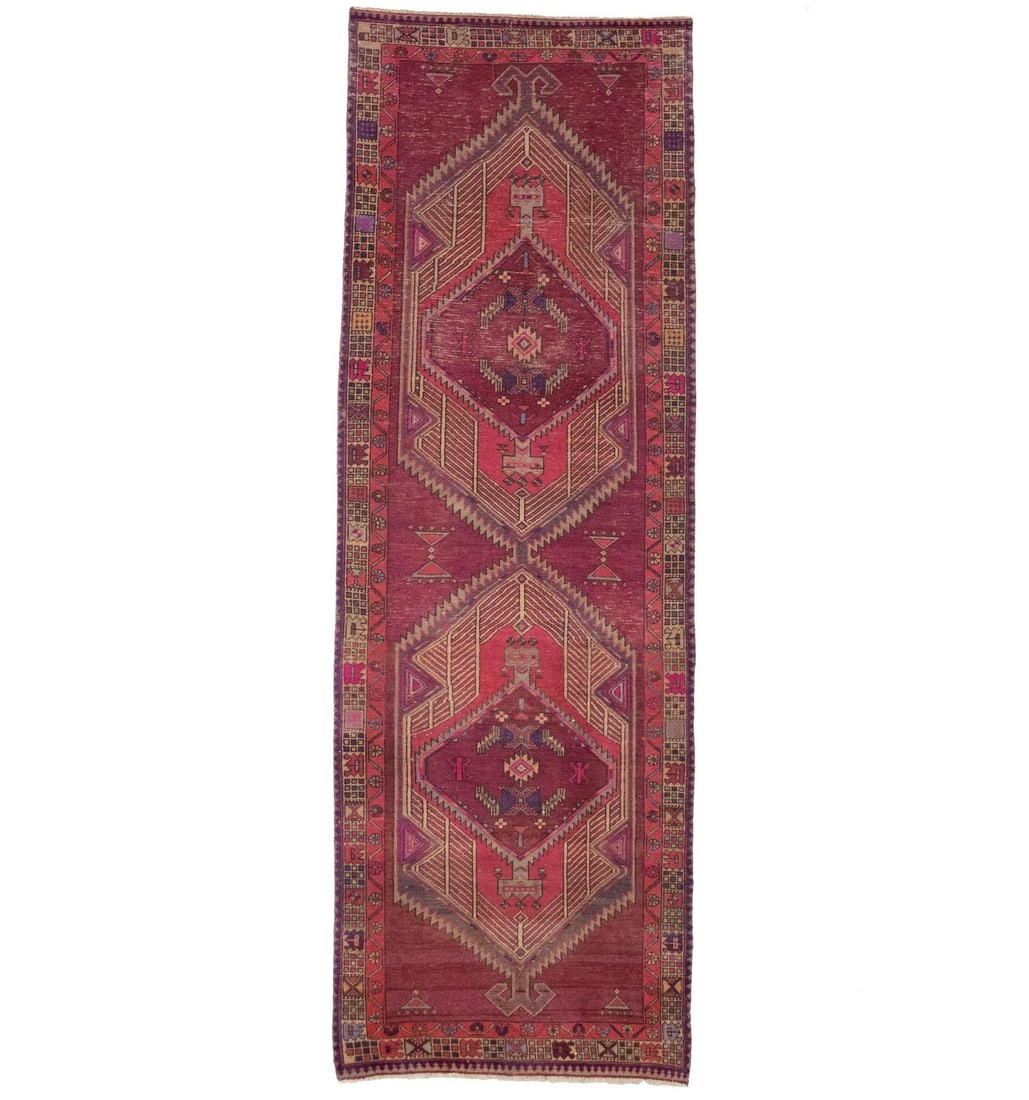 Hand Knotted Wool Vintage Tribal Runner 3'8 x 10'10 Geometric Pattern: Hand Knotted Wool Vintage Tribal Runner 3'8 x 10'10 Geometric Pattern Enhance your living space with this Vintage Handmade Wool Oriental Runner Rug, measuring 3'8" x 10'10". This one-of-a-kind rug fea