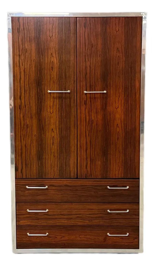 Mid Century Modern Rosewood Chrome Armoire Dresser 34 x 18.25 x 62.38: Mid Century Modern Rosewood Chrome Armoire Dresser 34 x 18.25 x 62.38 This mid-century modern armoire dresser showcases a stunning design crafted from rosewood, complemented by sleek black lacquer and