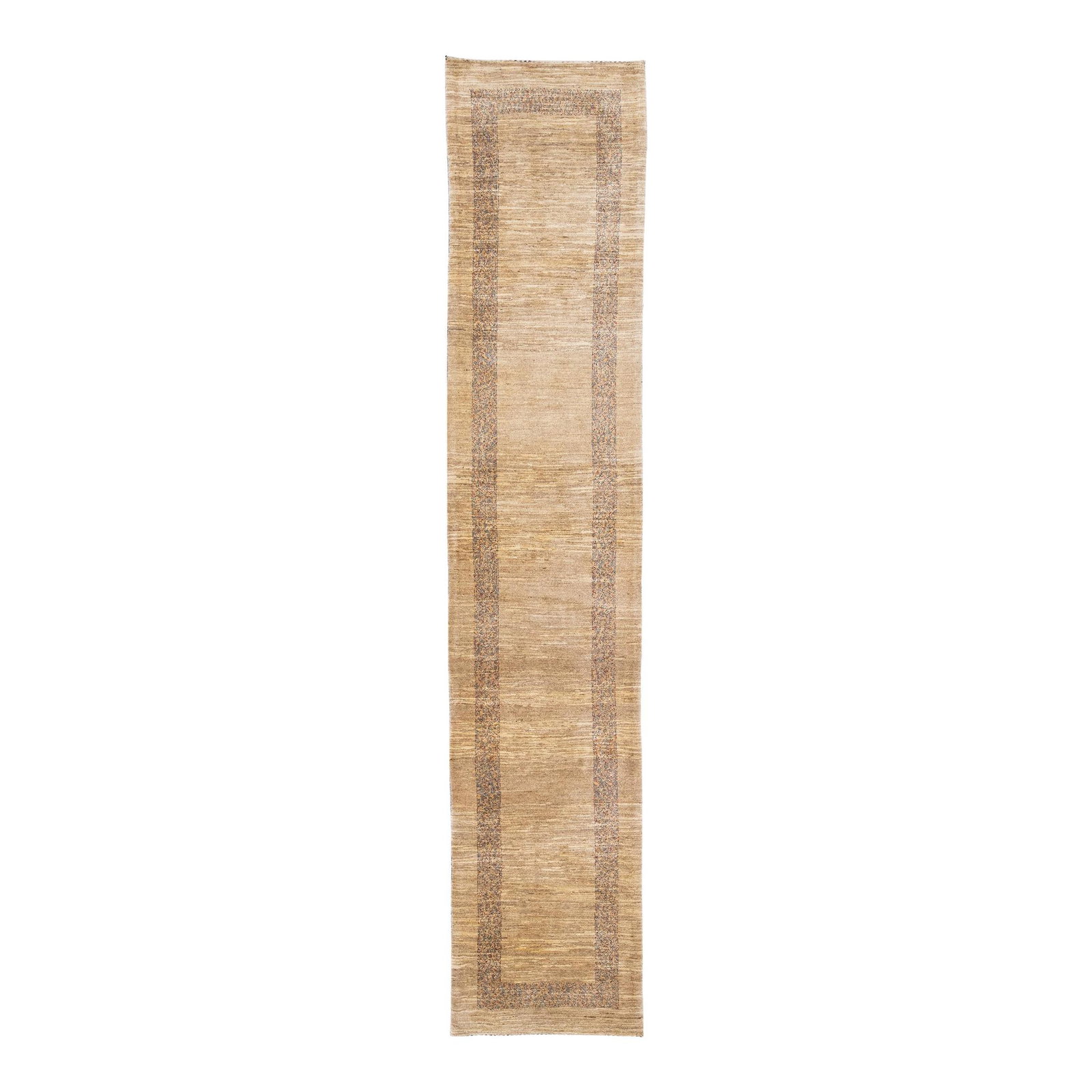 Beige Handmade Gabbeh Wool Runner with Geometric Design 2'8 x 12'11: Beige Handmade Gabbeh Wool Runner with Geometric Design 2'8 x 12'11 Elevate your space with this stunning modern Gabbeh-style hand-woven wool runner. Featuring a warm beige color field, this exquisite
