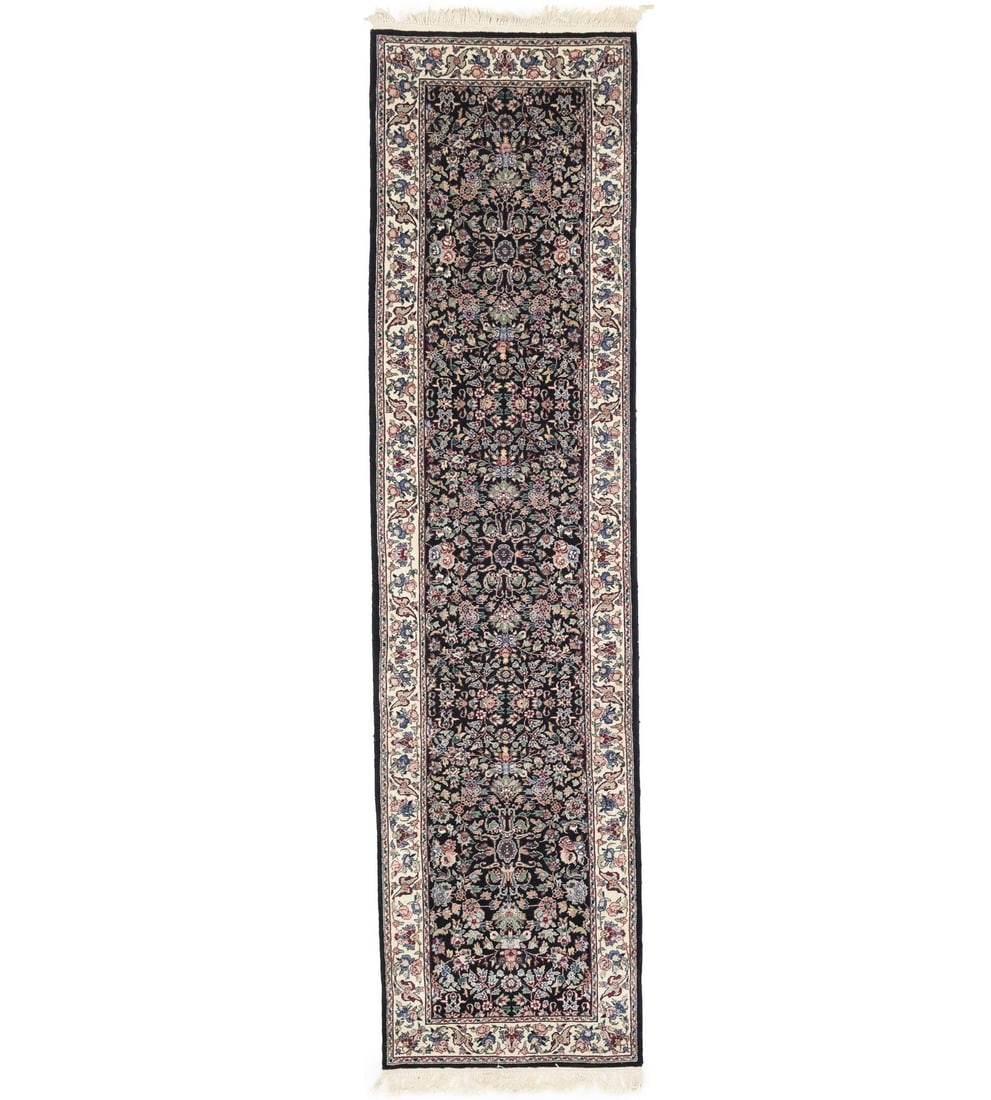 Hand Knotted Wool Silk Floral Runner Rug 2'6 x 9'9: Hand Knotted Wool Silk Floral Runner Rug 2'6 x 9'9 Enhance your living space with this exquisite Handmade Oriental Runner Rug featuring a vibrant floral design. Measuring 2'6" x 9'9" (30 in x 117 in),