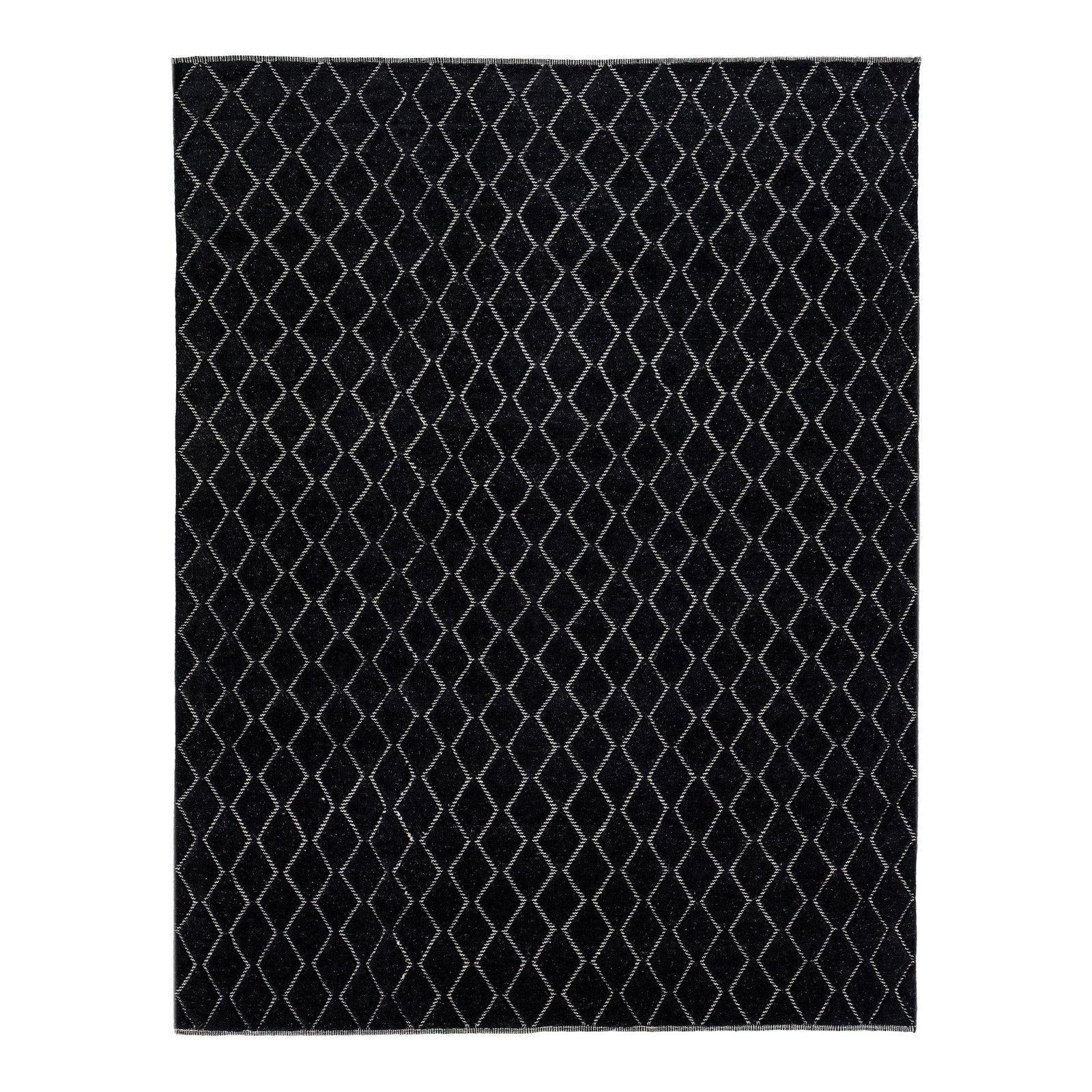 Modern Black Wool Moroccan Rug 9'3 x 12' Geometric Design: Modern Black Wool Moroccan Rug 9'3 x 12' Geometric Design Transform your living space with this luxurious modern Moroccan-style wool rug, featuring an intricate allover geometric design beautifully ha