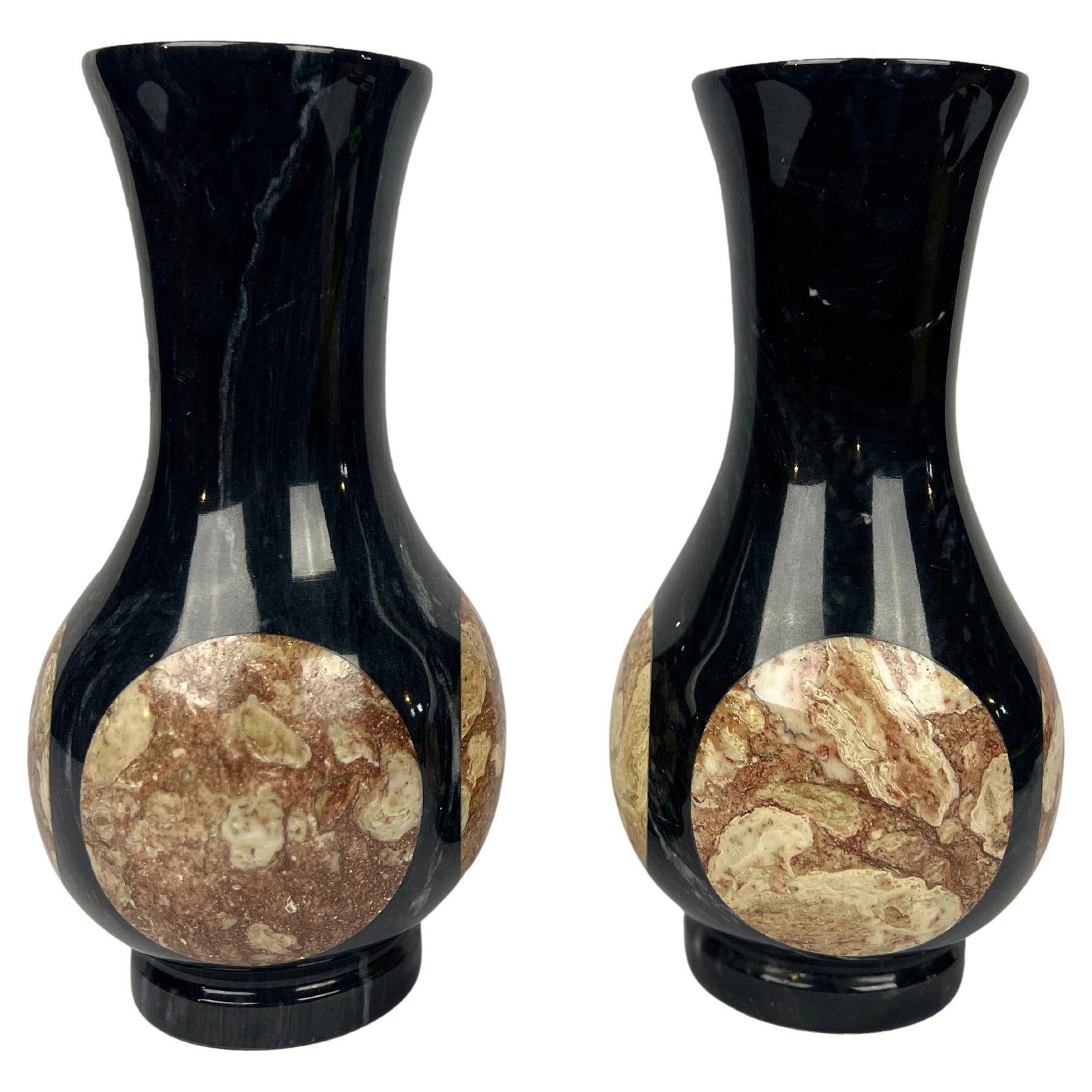 Mid-Century Modern Set of 2 Black Onyx and Marble Vases: Mid-Century Modern Set of 2 Black Onyx and Marble Vases This elegant pair of vintage vases showcases a sophisticated design, crafted from black onyx with contrasting marble insets. Standing at 8 inche