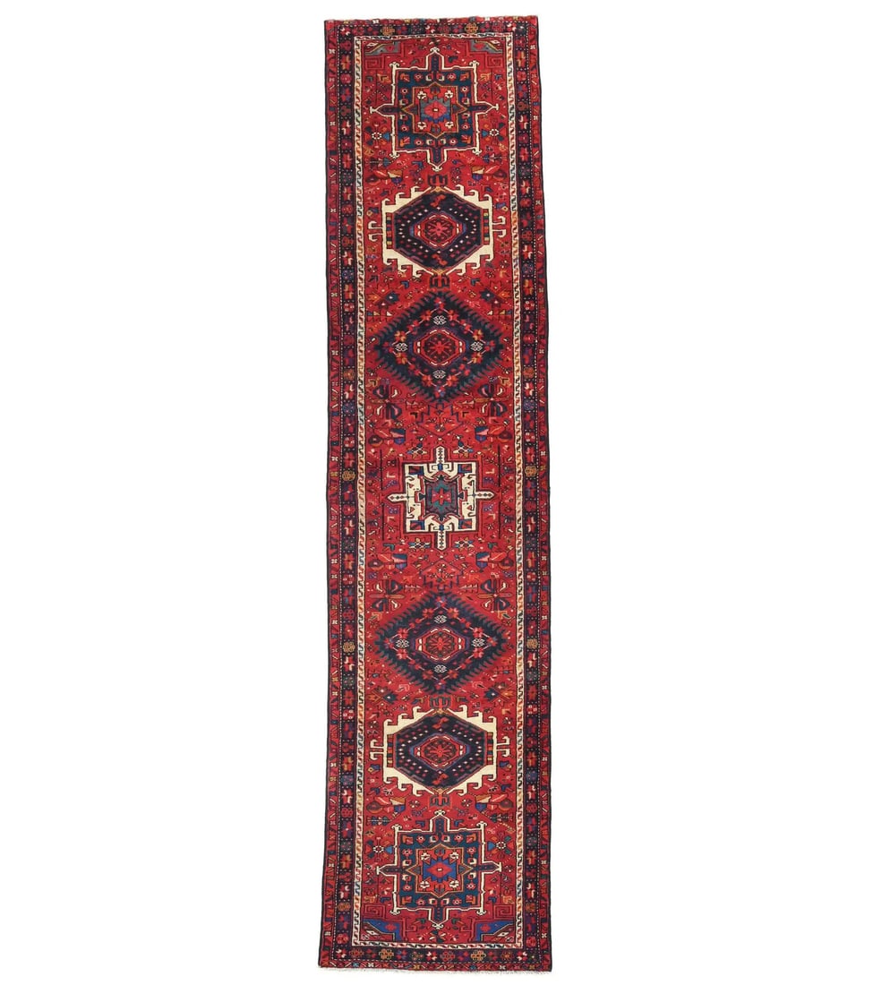 3'1 x 12'7 Wool Hand Knotted Tribal Runner Rug: 3'1 x 12'7 Wool Hand Knotted Tribal Runner Rug Enhance your home decor with this Vintage Hand-Knotted Tribal Runner Rug, measuring 3'1" x 12'7". Crafted in Western Asia during the late 1990s, this exq