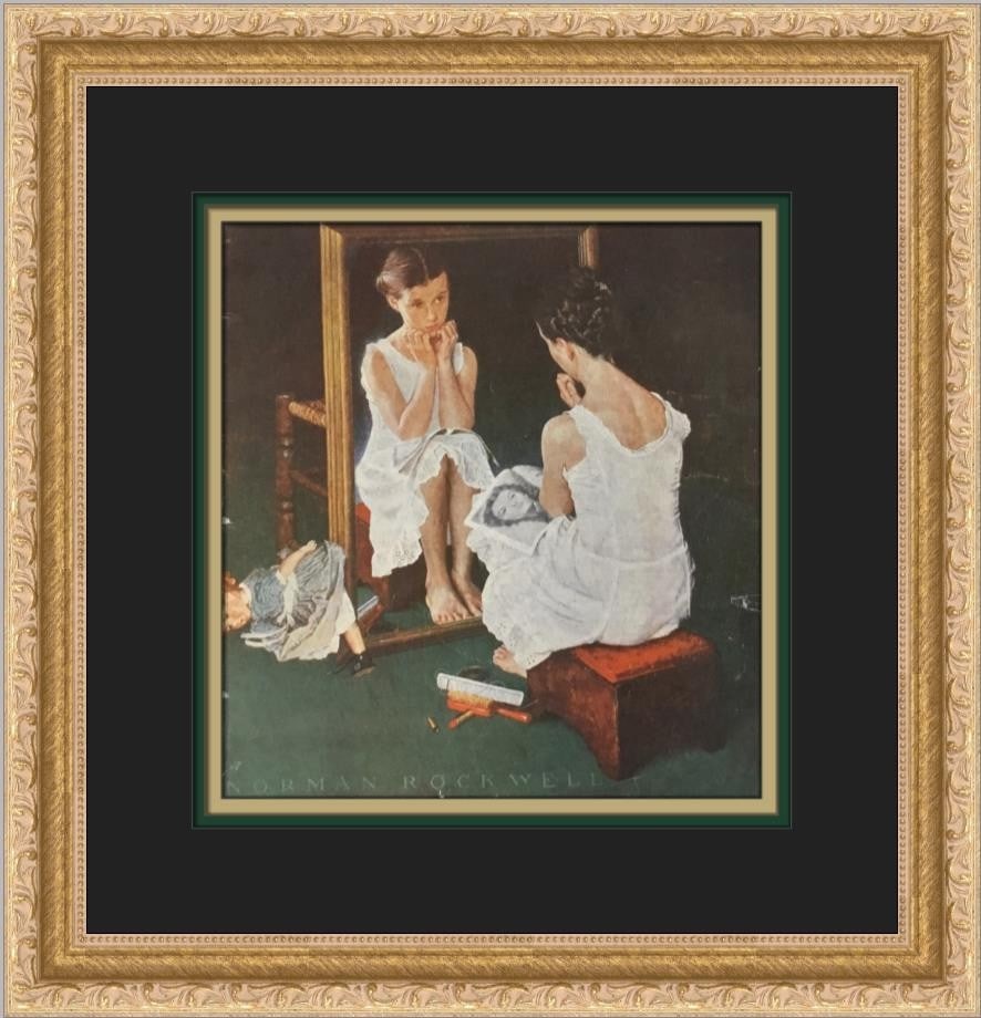 Framed Open Edition Offset Lithograph Norman Rockwell Girl At The Mirror: Framed Open Edition Offset Lithograph Norman Rockwell Girl At The Mirror This is a custom framed open edition print of Norman Rockwell's Girl At The Mirror, presented in a matted and framed portrait f