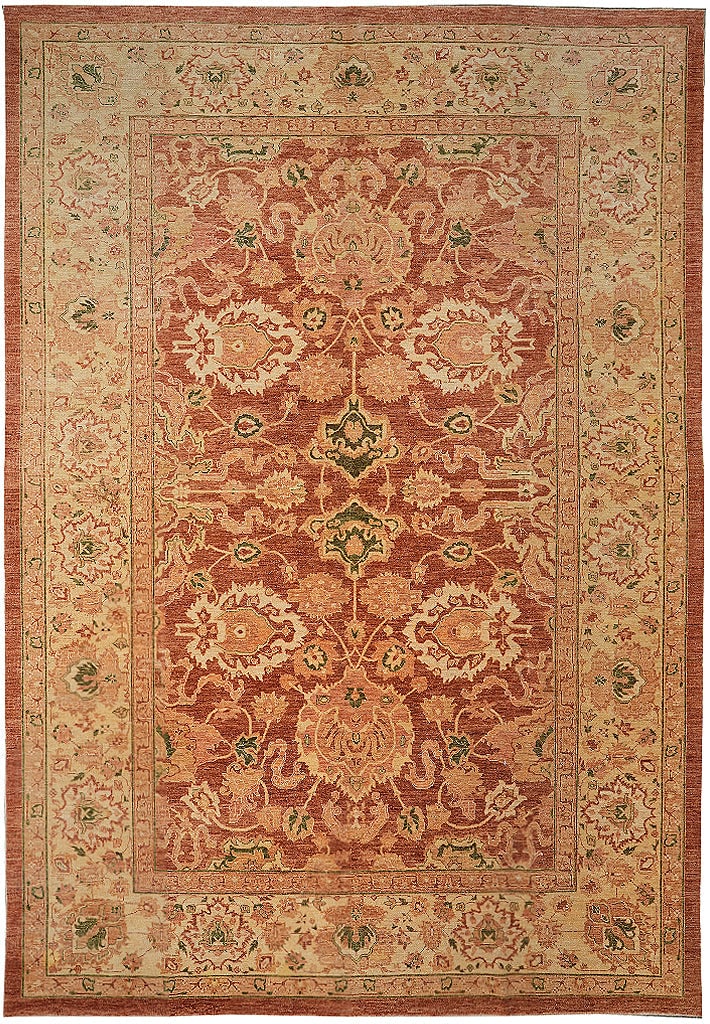 Hand-Knotted Peshawar Rug 123 x 165 in Rust Coral Wool Pakistan: Hand-Knotted Peshawar Rug 123 x 165 in Rust Coral Wool Pakistan Free continental US Shipping This hand-knotted Peshawar rug from Pakistan features a vibrant rust and coral color palette with green acc