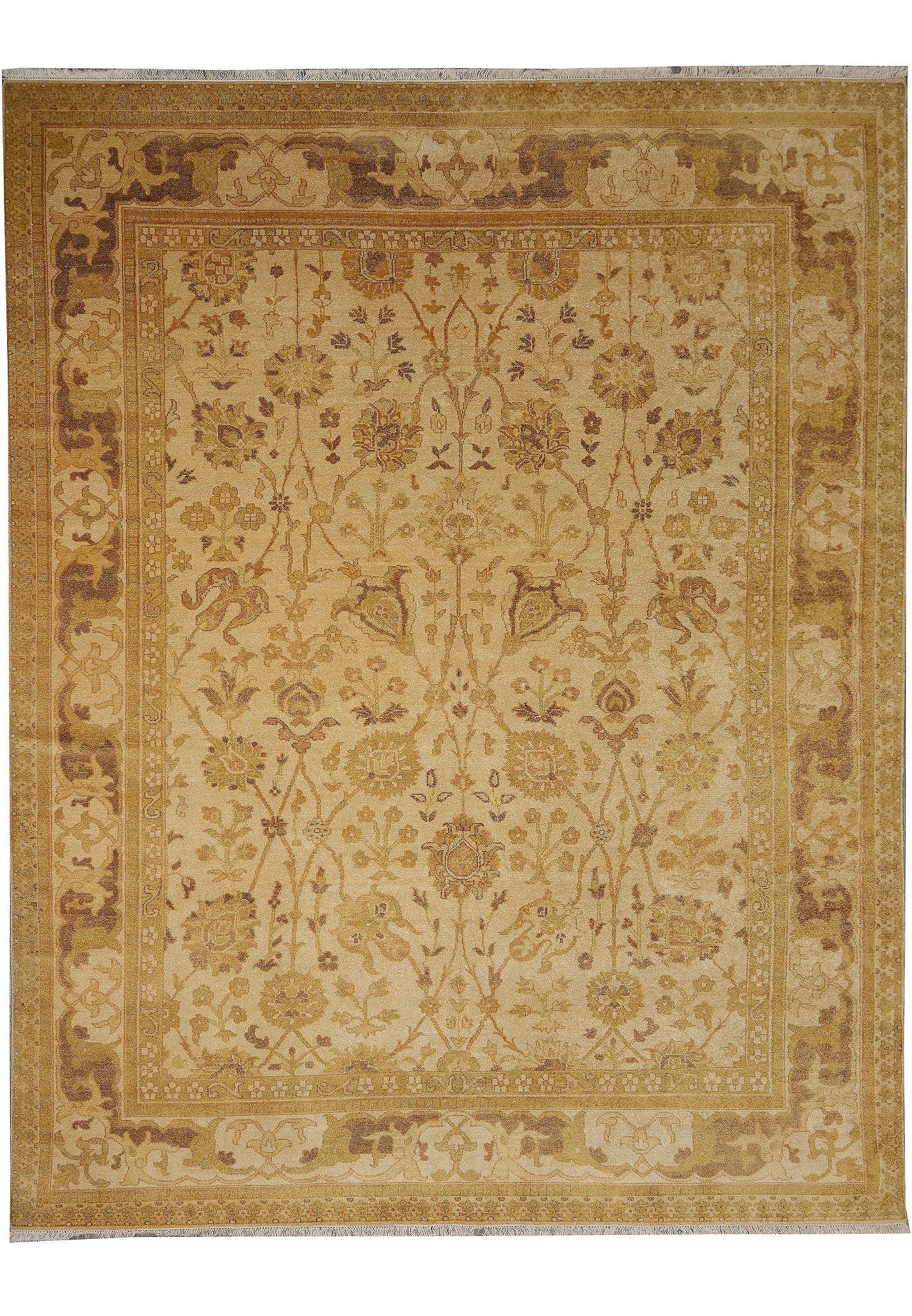 9.5 x 12 Golden Hand-Knotted Agra Wool Rug Traditional Floral Design: 9.5 x 12 Golden Hand-Knotted Agra Wool Rug Traditional Floral Design Free continental US Shipping This 9.5 x 12 hand-knotted Agra rug showcases traditional Indian artistry with its intricate floral mo