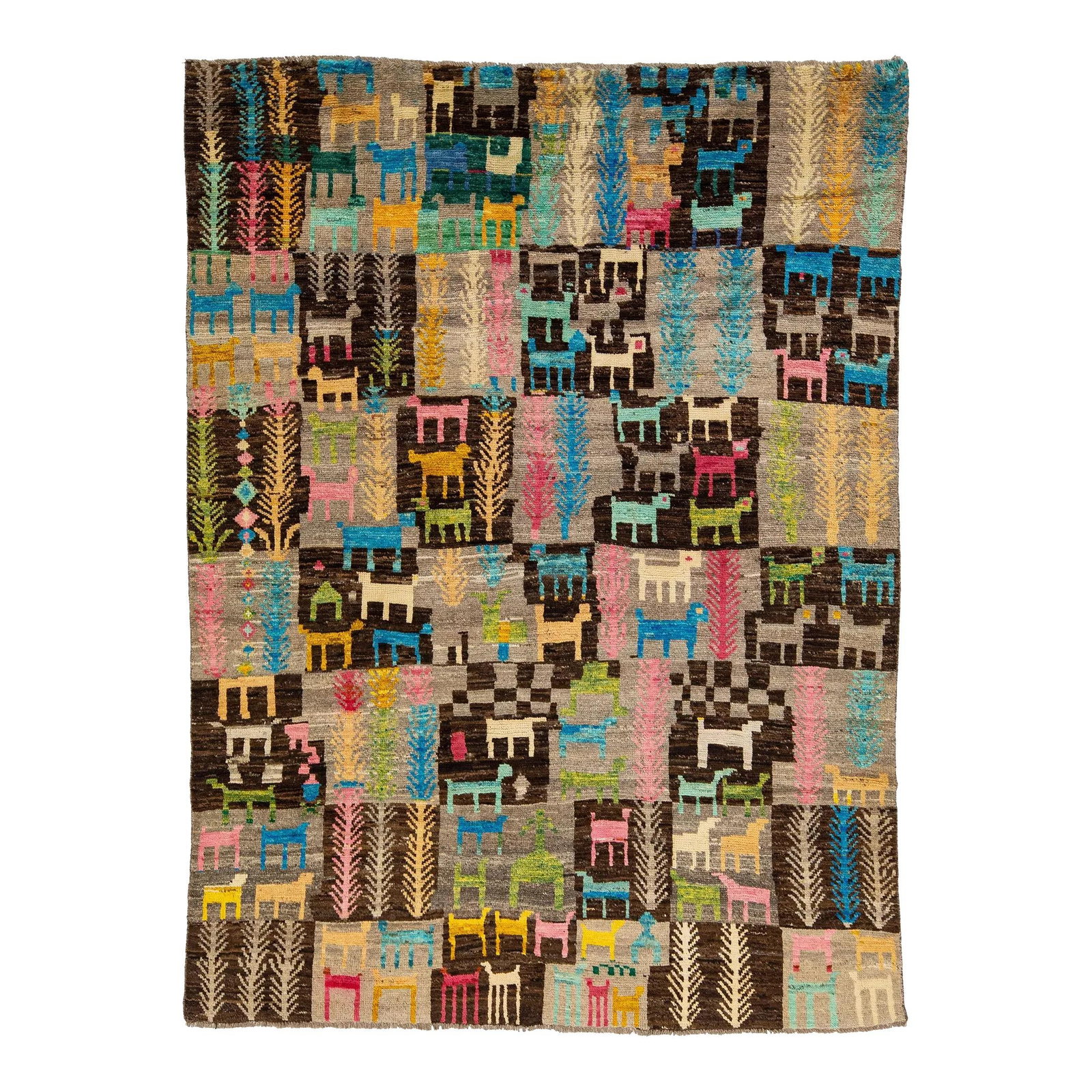 Handmade Moroccan Wool Rug with Colorful Pictorial Design 5'11 x 7'11: Handmade Moroccan Wool Rug with Colorful Pictorial Design 5'11 x 7'11 Elevate your space with this handmade modern Moroccan style rug, showcasing a striking brown background adorned with vibrant picto