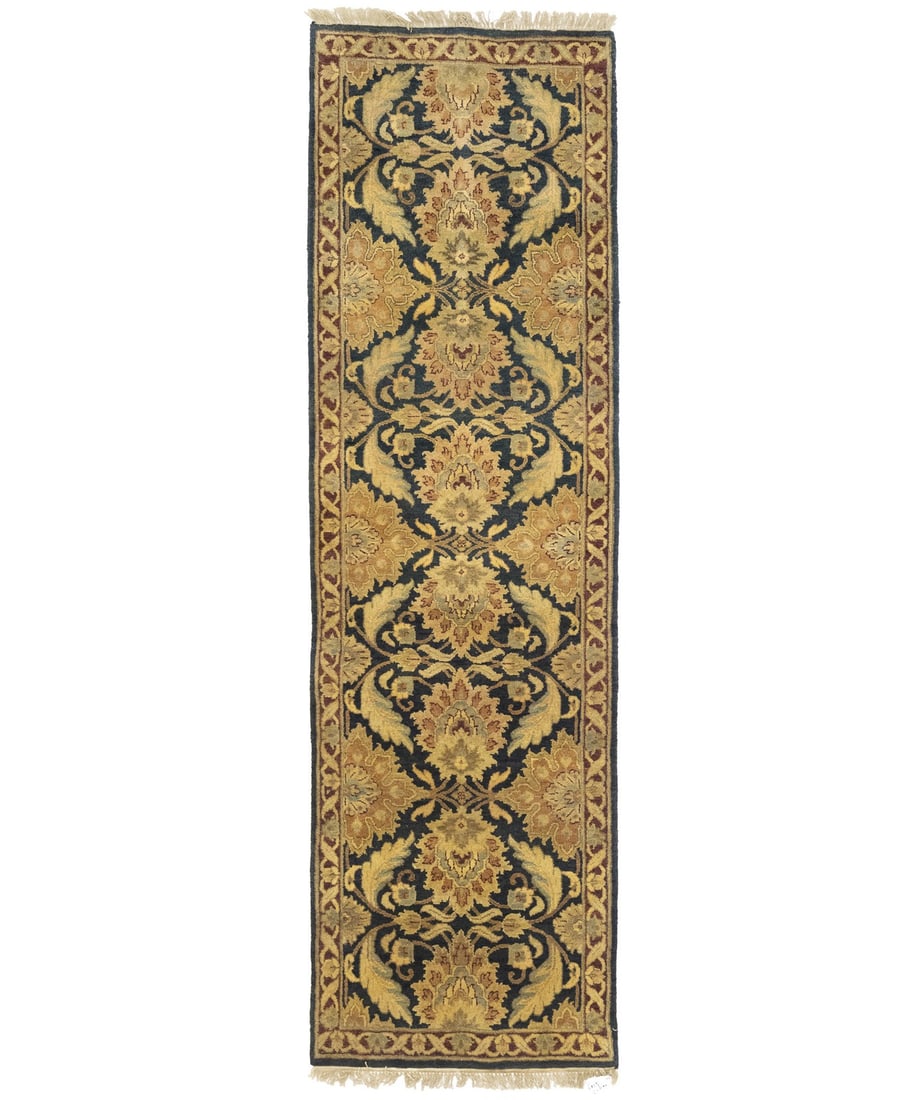 Hand Knotted Wool Floral Runner Rug 3'1 x 10'2 Traditional India: Hand Knotted Wool Floral Runner Rug 3'1 x 10'2 Traditional India This handmade Oriental runner rug features a traditional floral pattern in dark gray, maroon red, golden beige, and other tones. Expert