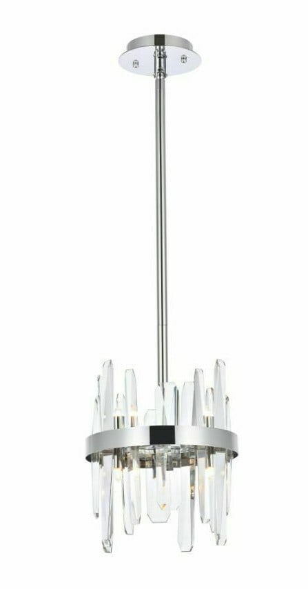 Serena 6 Light Crystal Pendant in Chrome 10 Inch: Serena 6 Light Crystal Pendant in Chrome 10 Inch Modern 6-light pendant chandelier with a chrome plated finish and clear crystal glass detailing. It is hardwired, ETL rated, height-adjustable, and des