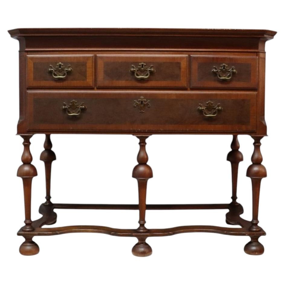 c1930 Queen Anne Style Mahogany Server with Trumpet Legs: c1930 Queen Anne Style Mahogany Server with Trumpet Legs An antique Queen Anne style server dating to approximately 1930, crafted from banded mahogany. It features a rectangular top with a stepped edg